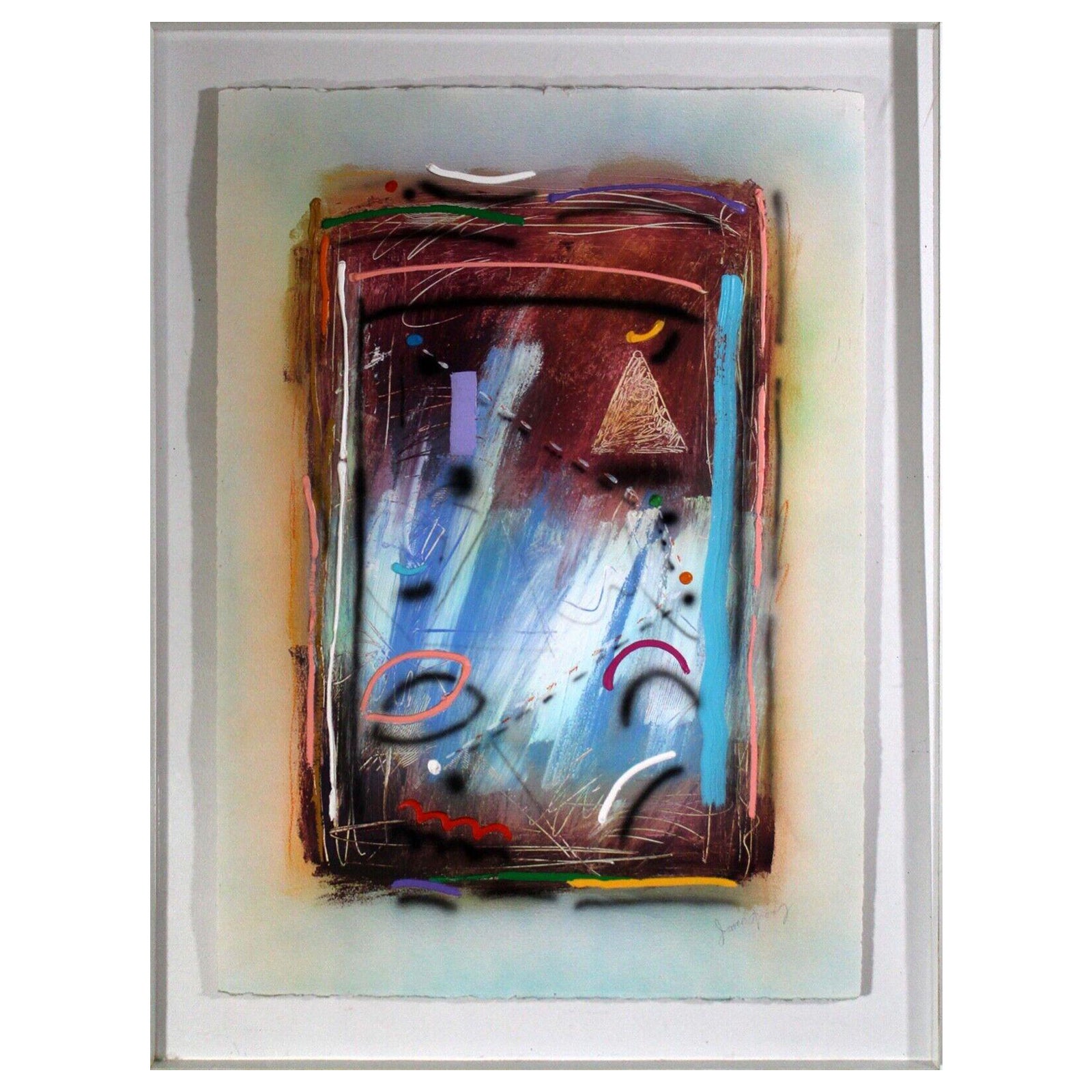James Groody Neon Talks Abstract Acrylic Mixed Media Painting on Paper Framed For Sale