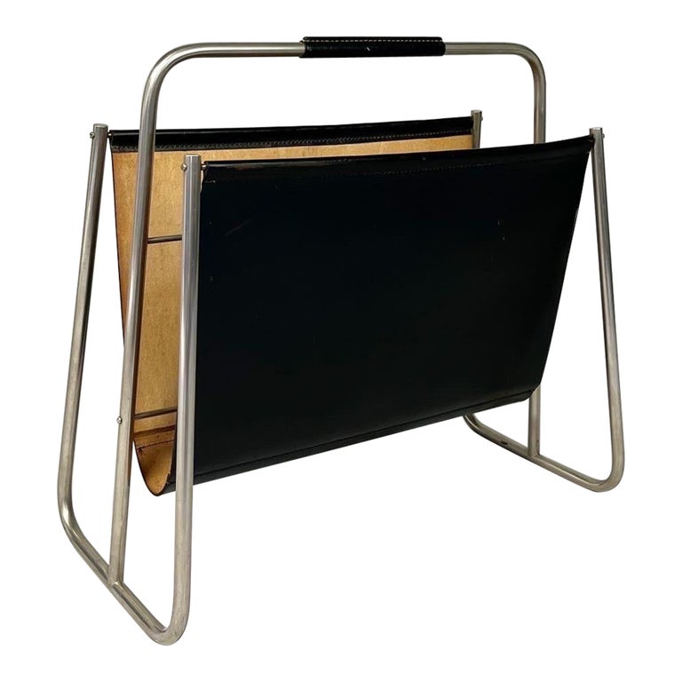 Carl Auböck Magazine Rack Nickel and Black Leather Austria