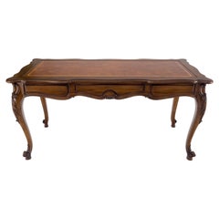 Carved Walnut Embossed Leather Top Country 3 Drawer French Desk
