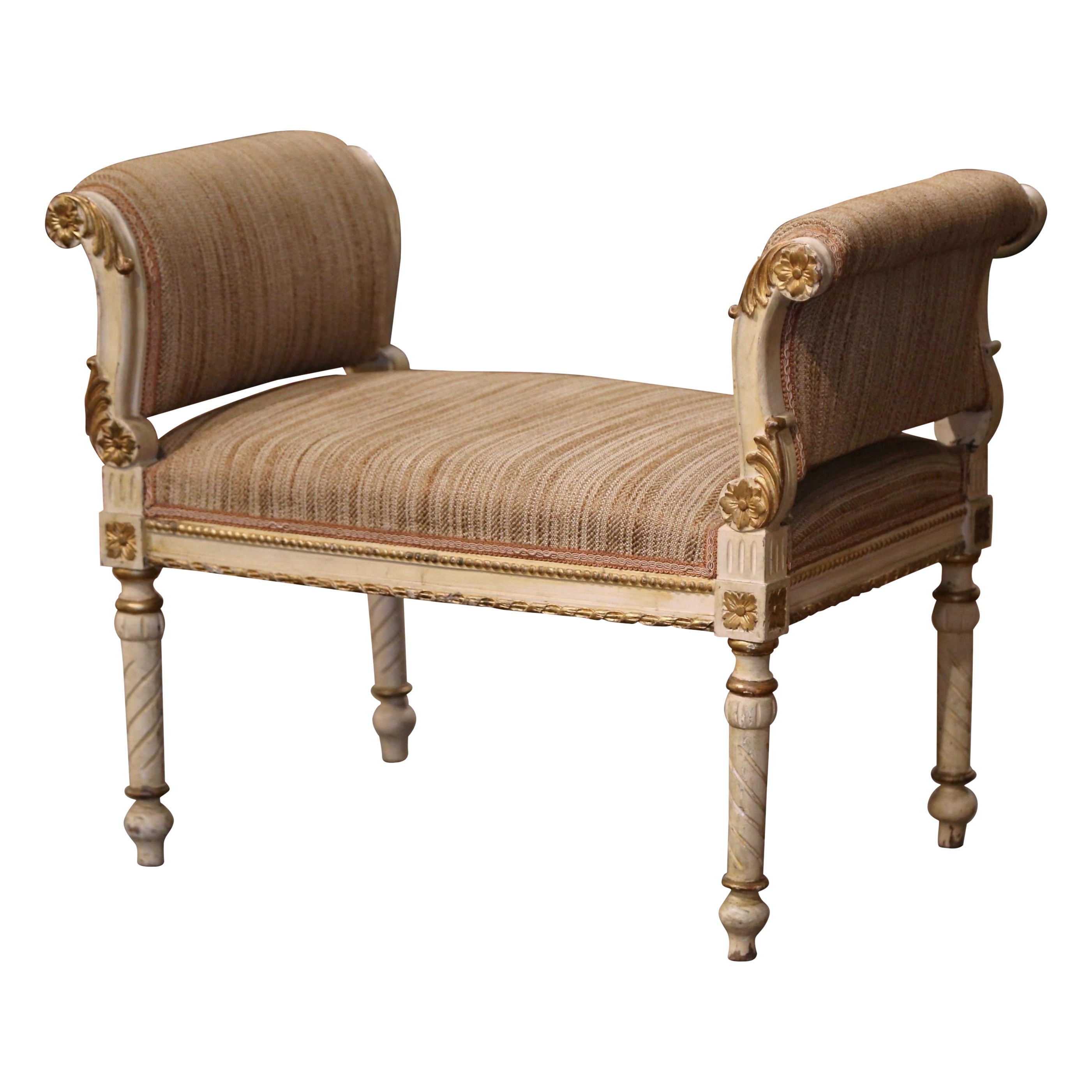 19th Century French Empire Upholstered and Gilt Painted Stool Bench For Sale