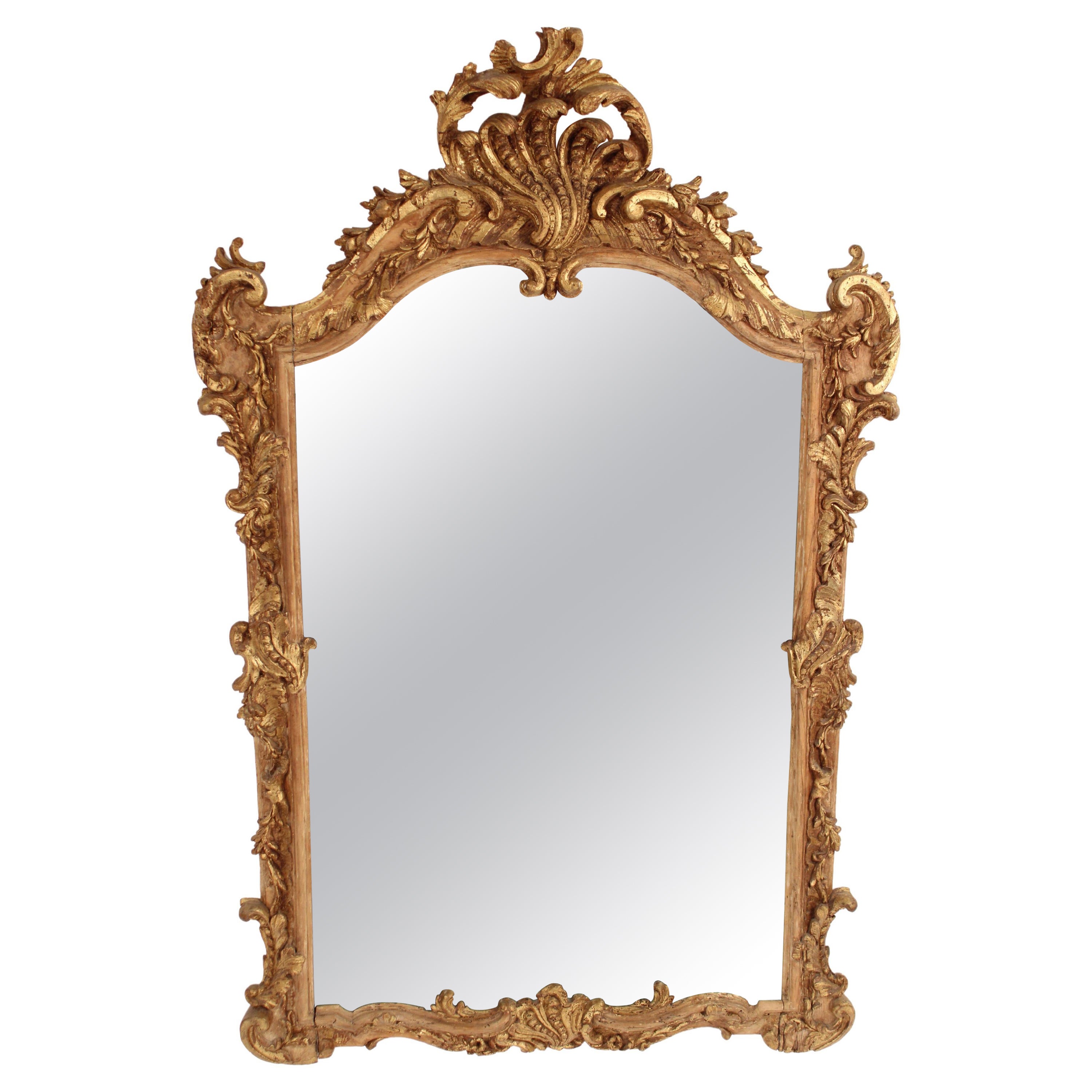 Antique Louis XV Style Partial Gilt Wall Mirror For Sale
