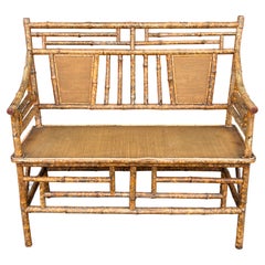 Small 20th Century Bamboo Bench with Rattan Seat