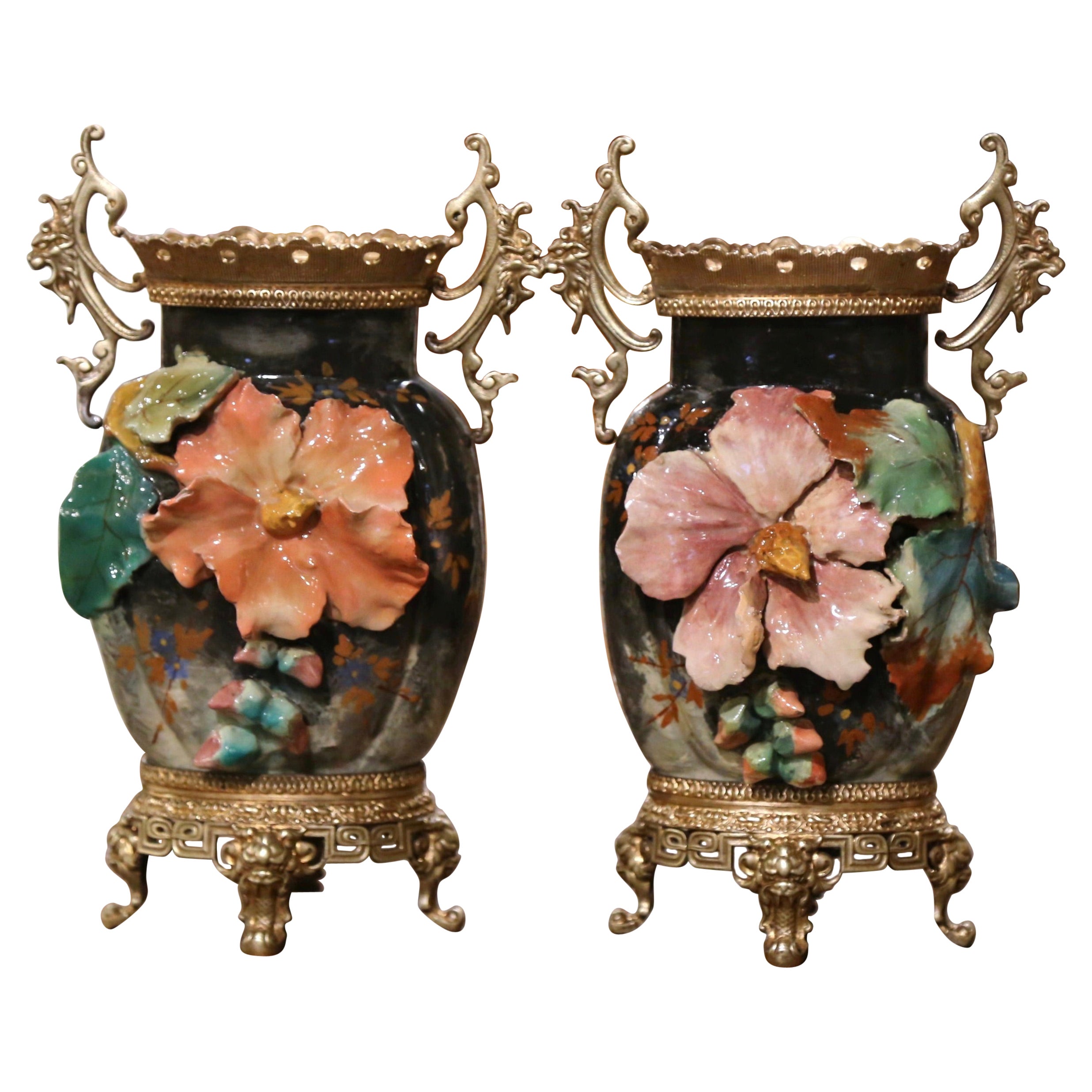 Pair of 19th Century French Barbotine Faience and Brass Vases from Montigny