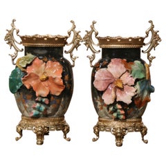 Pair of 19th Century French Barbotine Faience and Brass Vases from Montigny