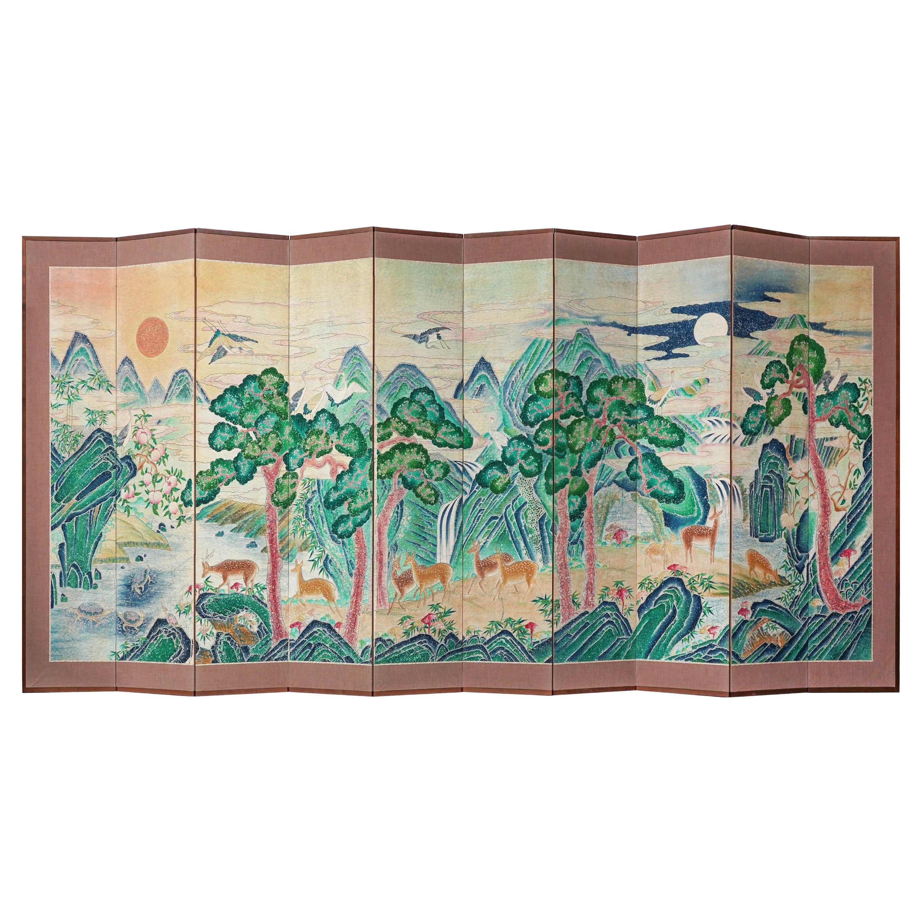 Korean Asian Large Long Life Byobu Byeongpung Shipjangsaengdo Ten Panel Screen