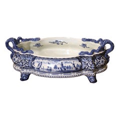 Mid-Century French Delft Style Hand Painted Blue and White Faience Jardiniere
