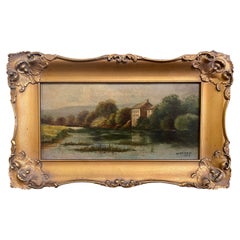 Early 20th Century Framed River Side Chateau Oil Painting Signed W. Baldwin