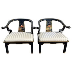 Pair of James Mont Style Black Lacquer Horseshoe Chairs by Century Furniture