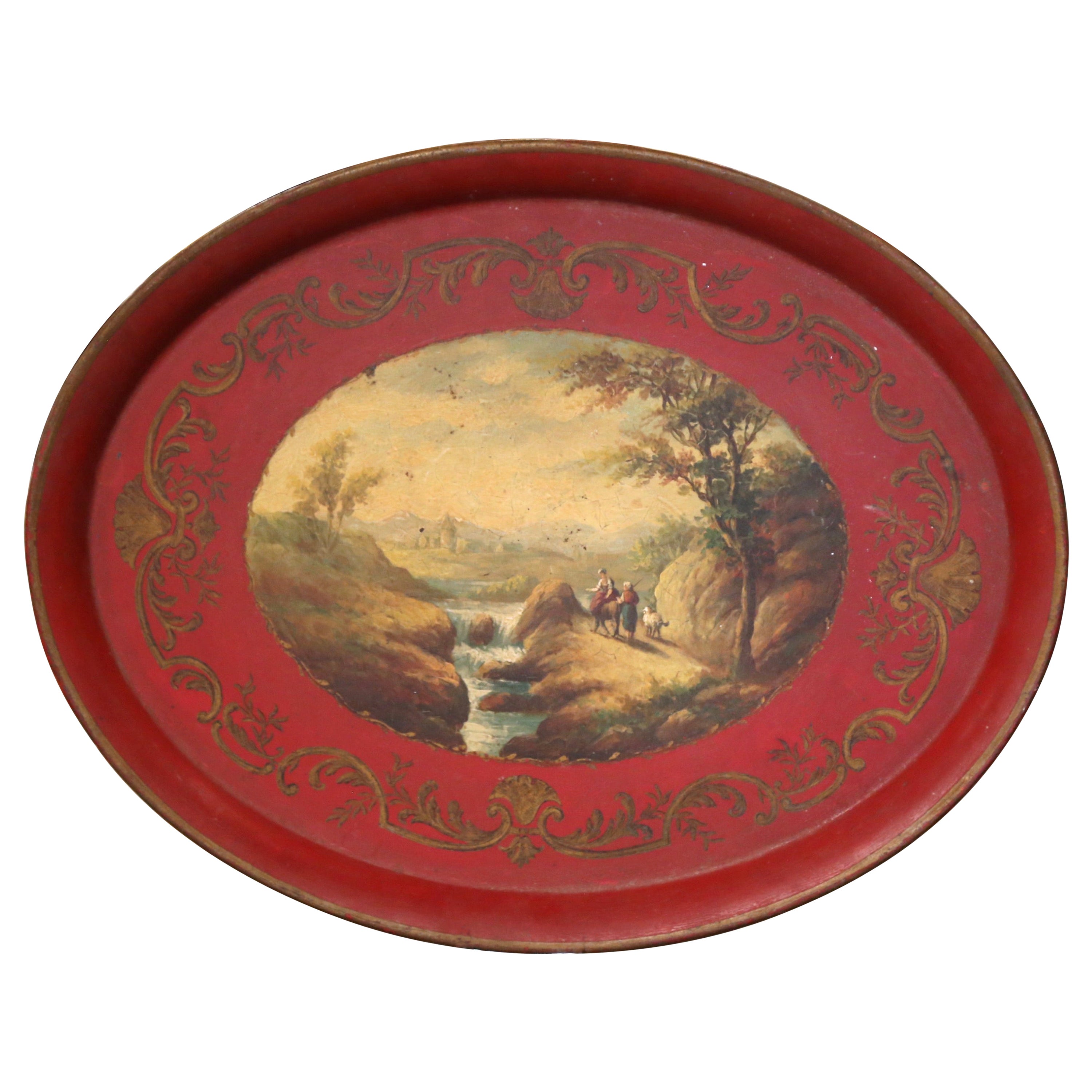 19th Century French Napoleon III Hand Painted Landscape Scene Oval Tole Tray