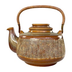 Svend Aage Jensen Teapot Soholm Denmark Manilla Stoneware Brass & Wicker 1960s