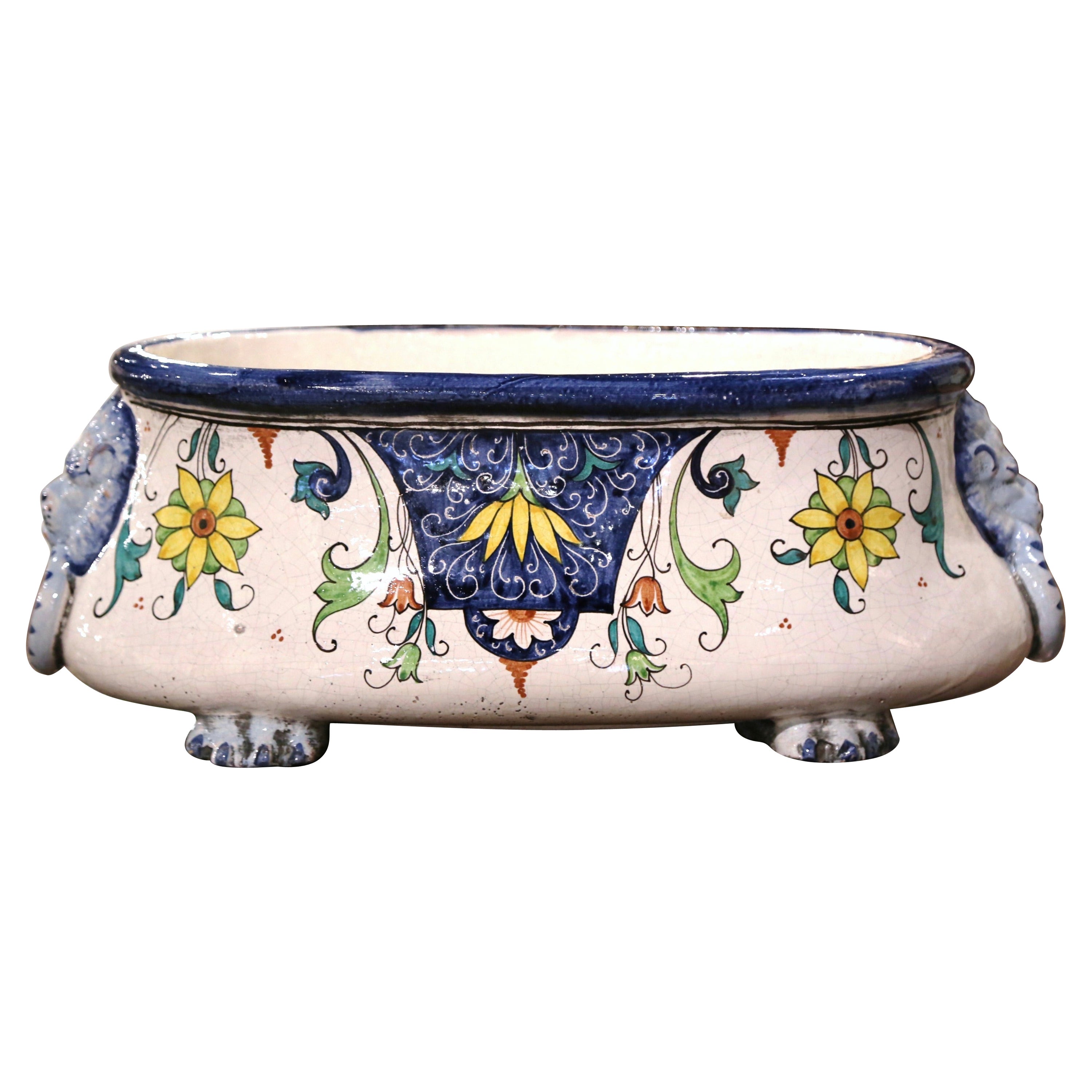 Early 20th Century French Hand Painted Bombe Faience Jardinière For Sale