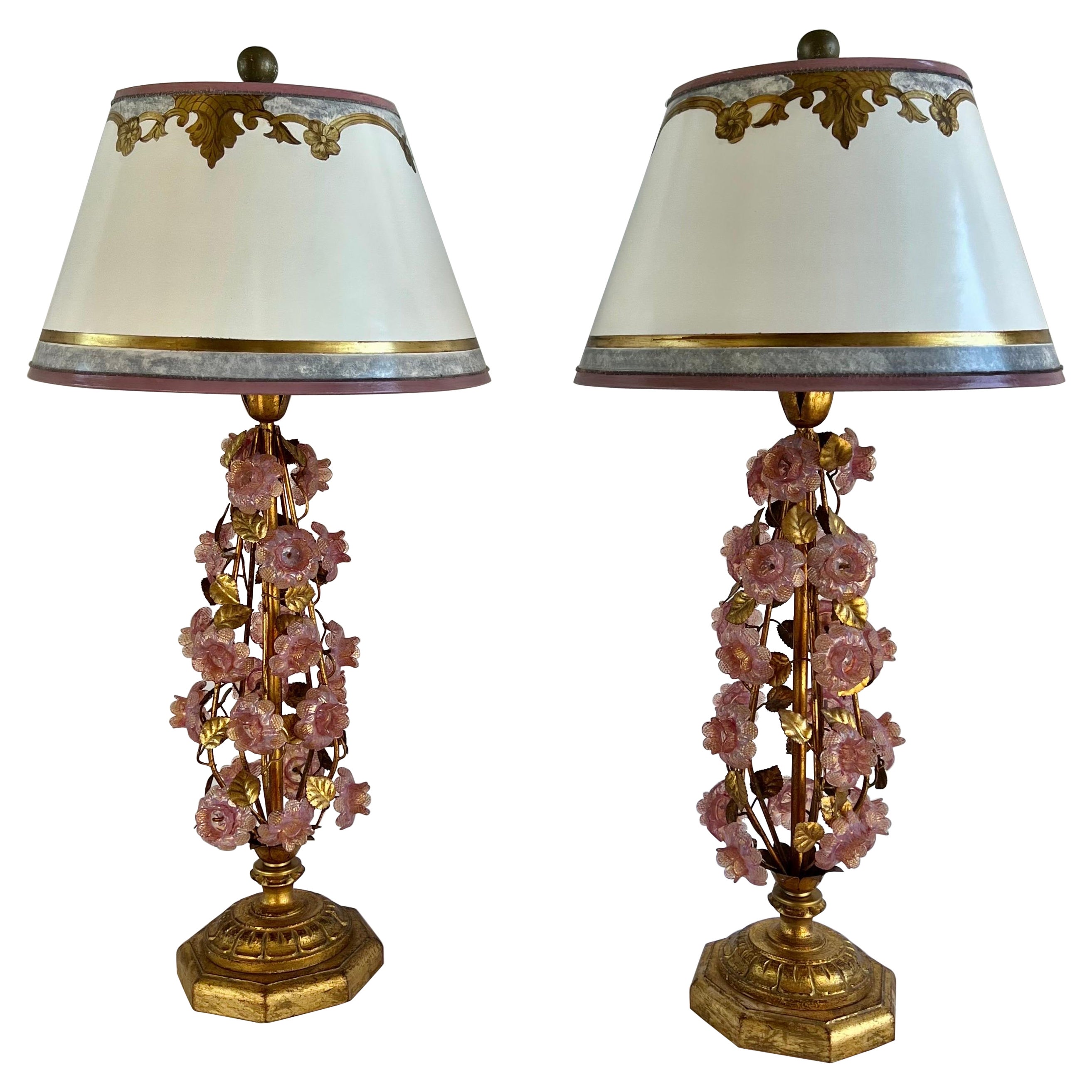 Pair of Italian Murano Lamps w/ Pink Flowers & Parchment Shades