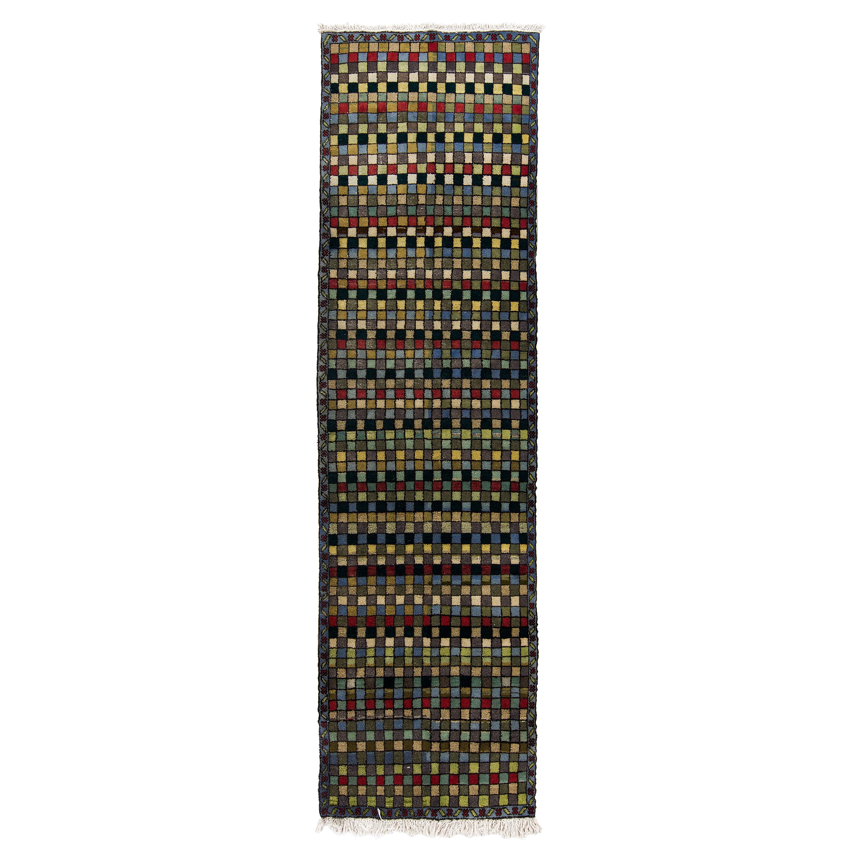 3.7x12.5 Ft Mid Century Modern Checkered Handmade Turkish "Tulu "Wool Runner Rug For Sale