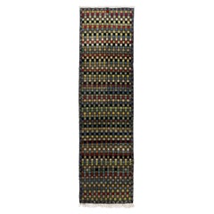 Retro 3.7x12.5 Ft Mid Century Modern Checkered Handmade Turkish "Tulu "Wool Runner Rug