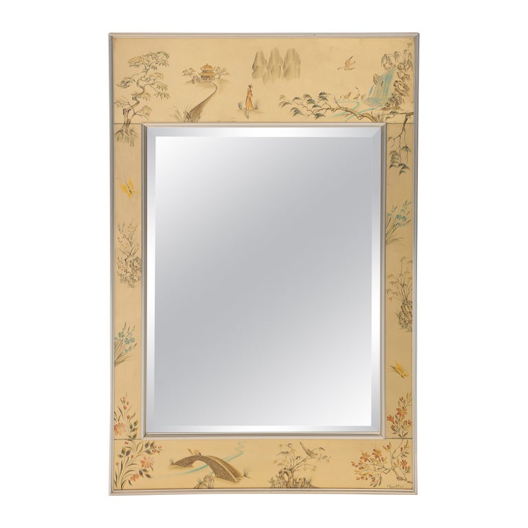 Ein Paar handgemalte Chinoiserie-Spiegel mit gewölbter Oberseite und  abgeschrägten Ecken bei 1stDibs