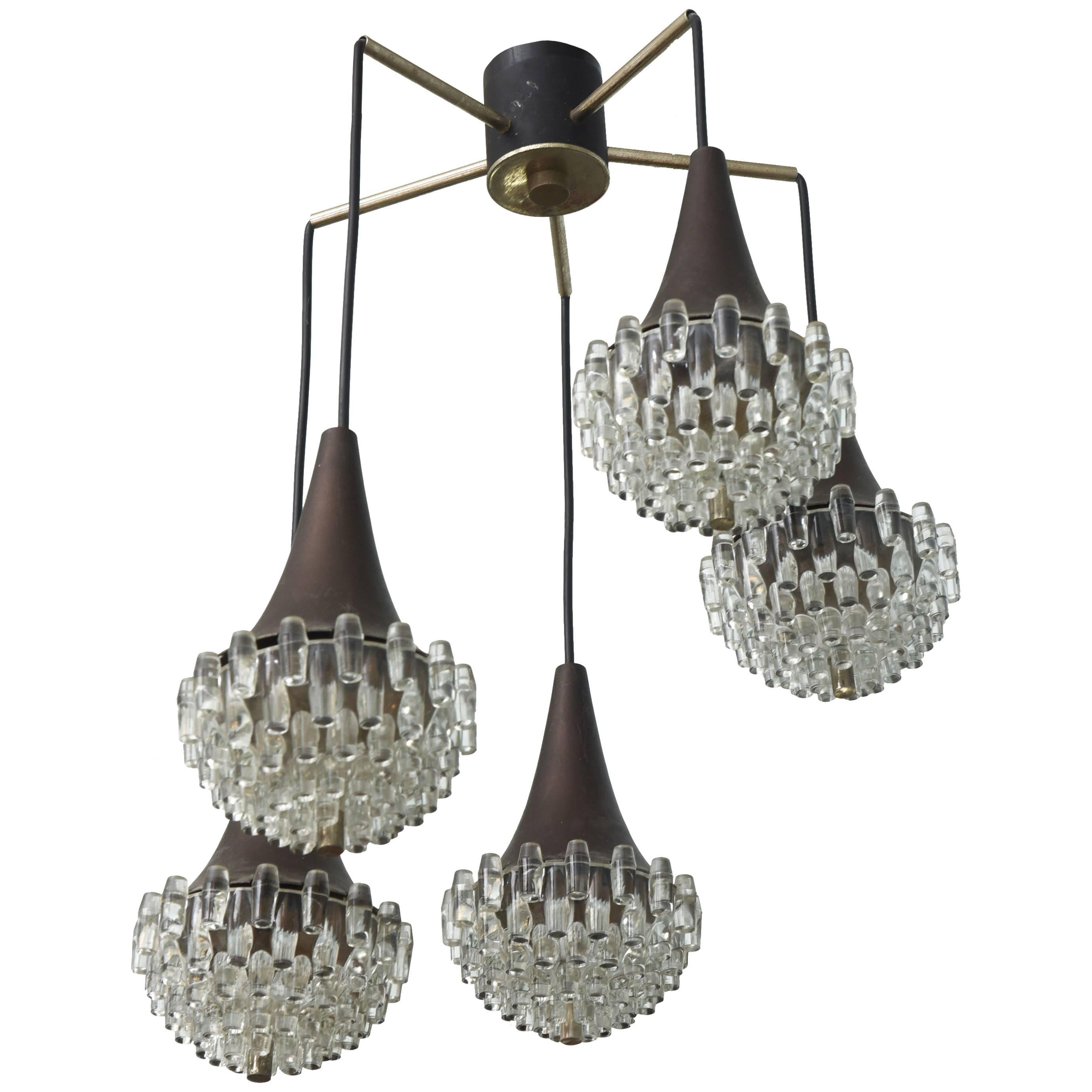 Italian Modern Five-Light Bronze and Glass Chandelier Manner of Max Ingrand For Sale