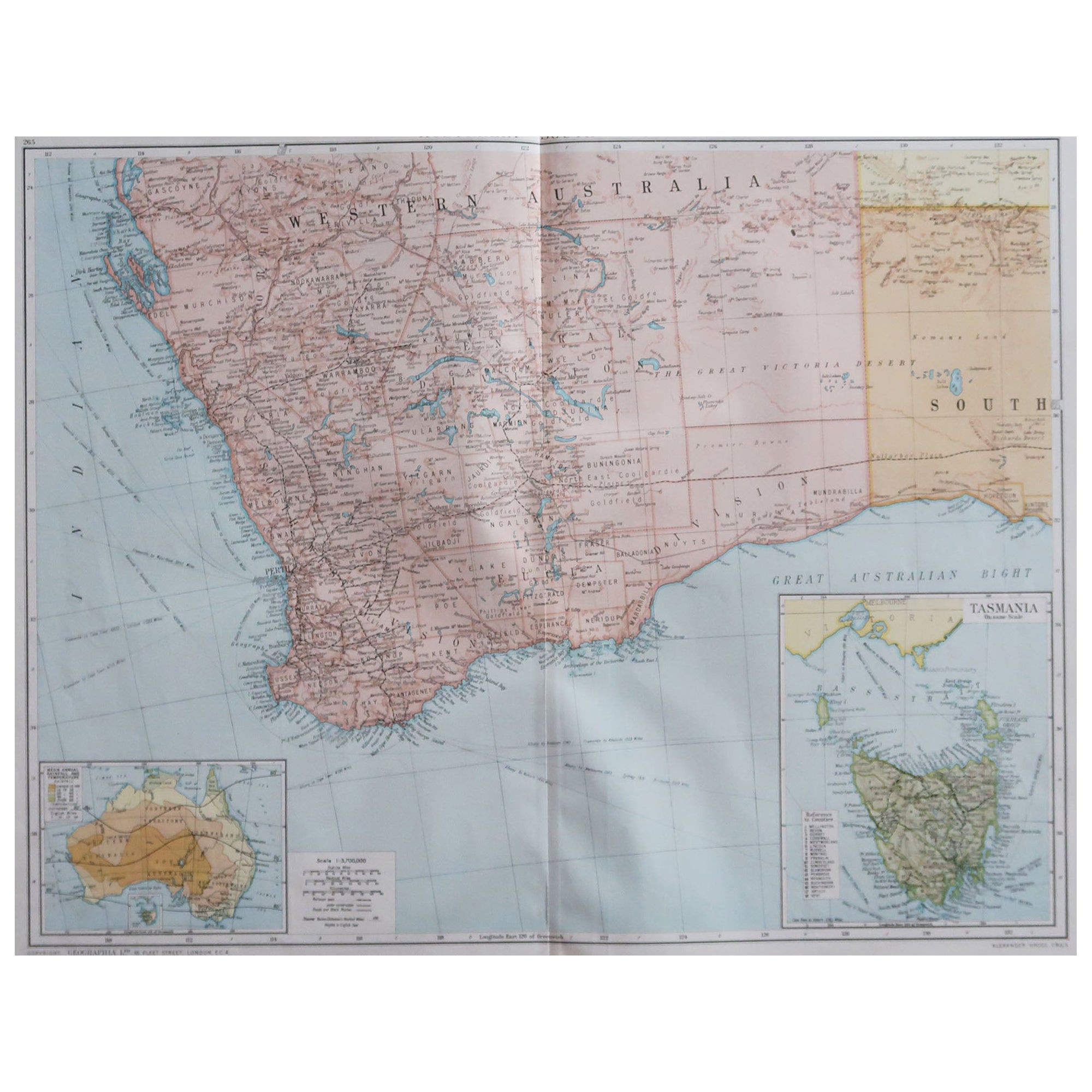 Large Original Vintage Map of Western Australia, circa 1920