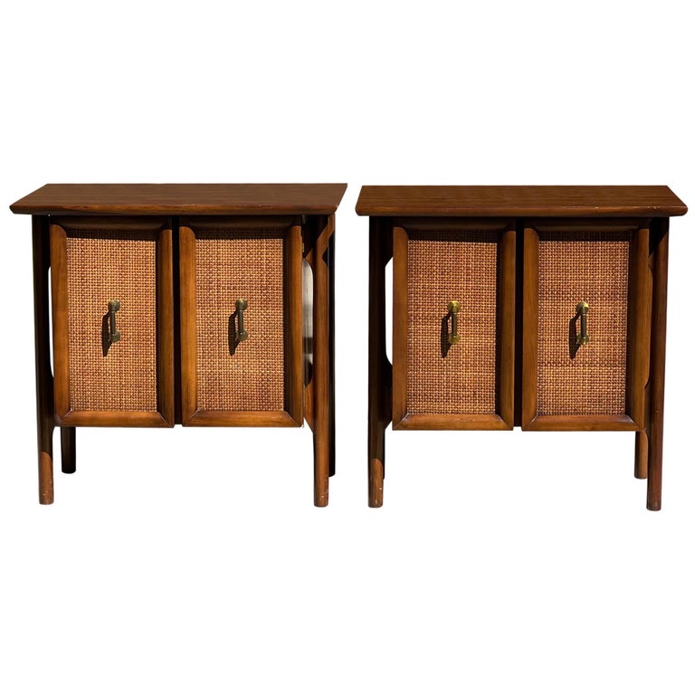 Mid Century Walnut Floating Nightstands with Cane Panel Doors For Sale
