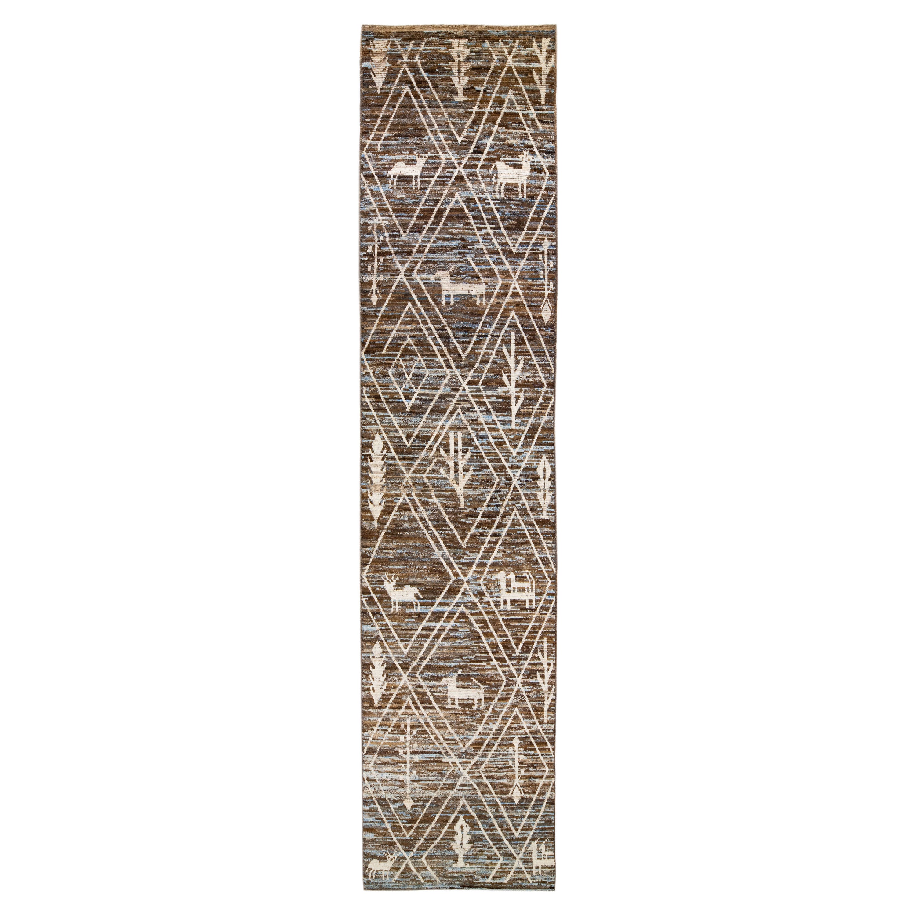 Modern Moroccan Style Handmade Brown Wool Runner with Tribal Pattern For Sale