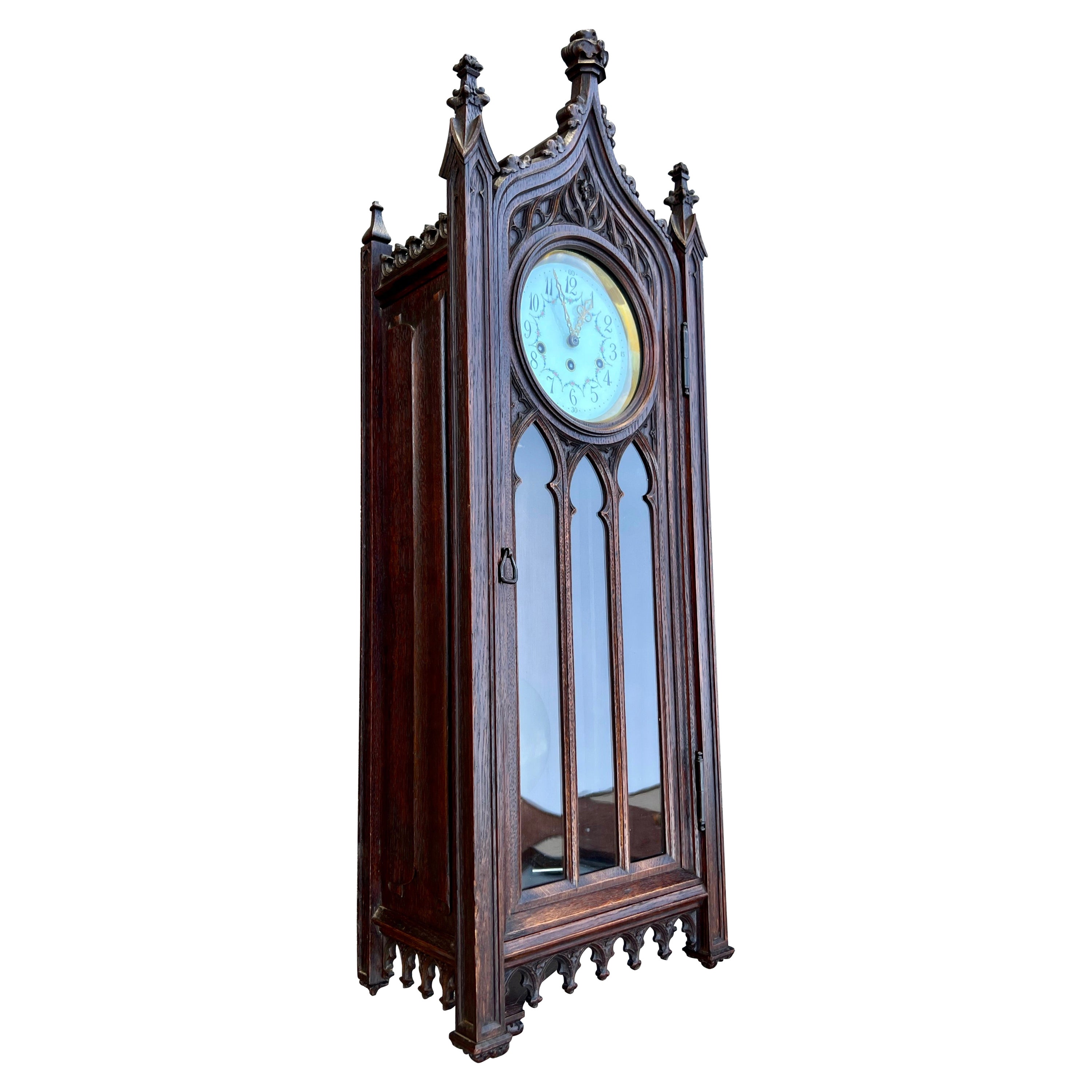 Large and Hand Carved Gothic Revival with Carillon Sound Wall Clock, ca 1900