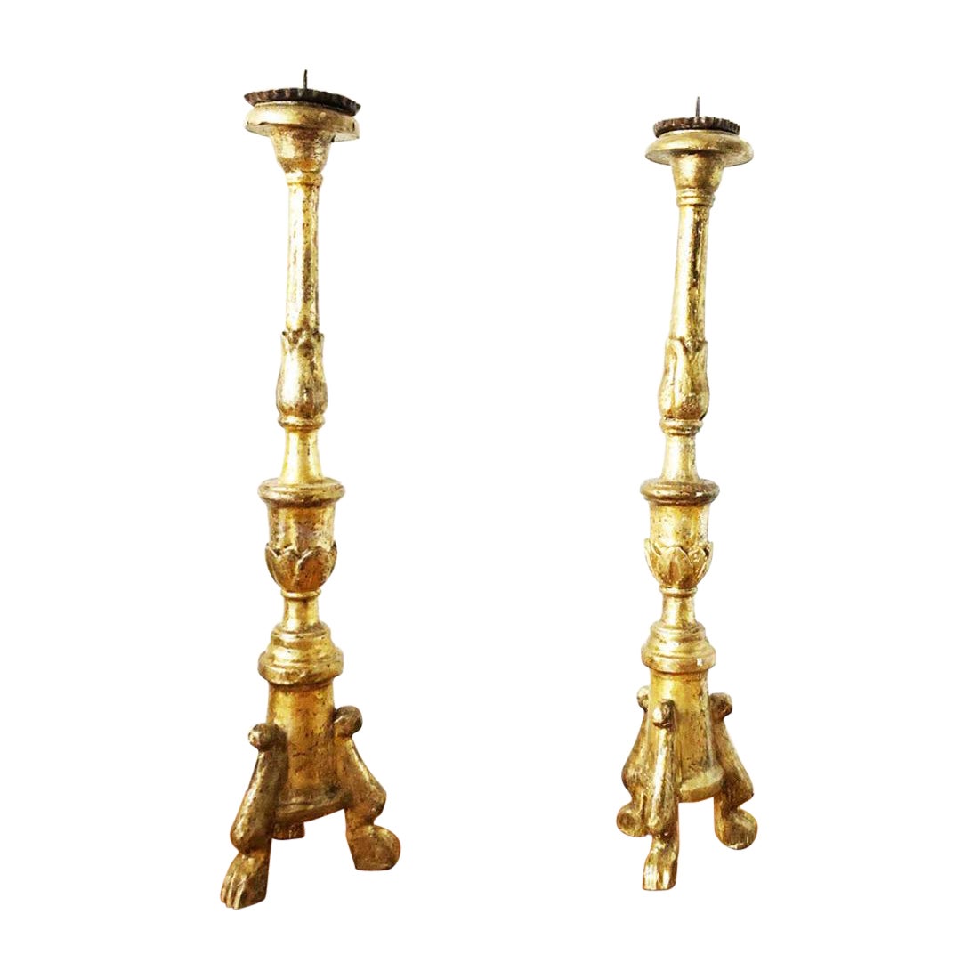 Pair of Antique Gold Leaf Wood Candlesticks 1780, Antiques