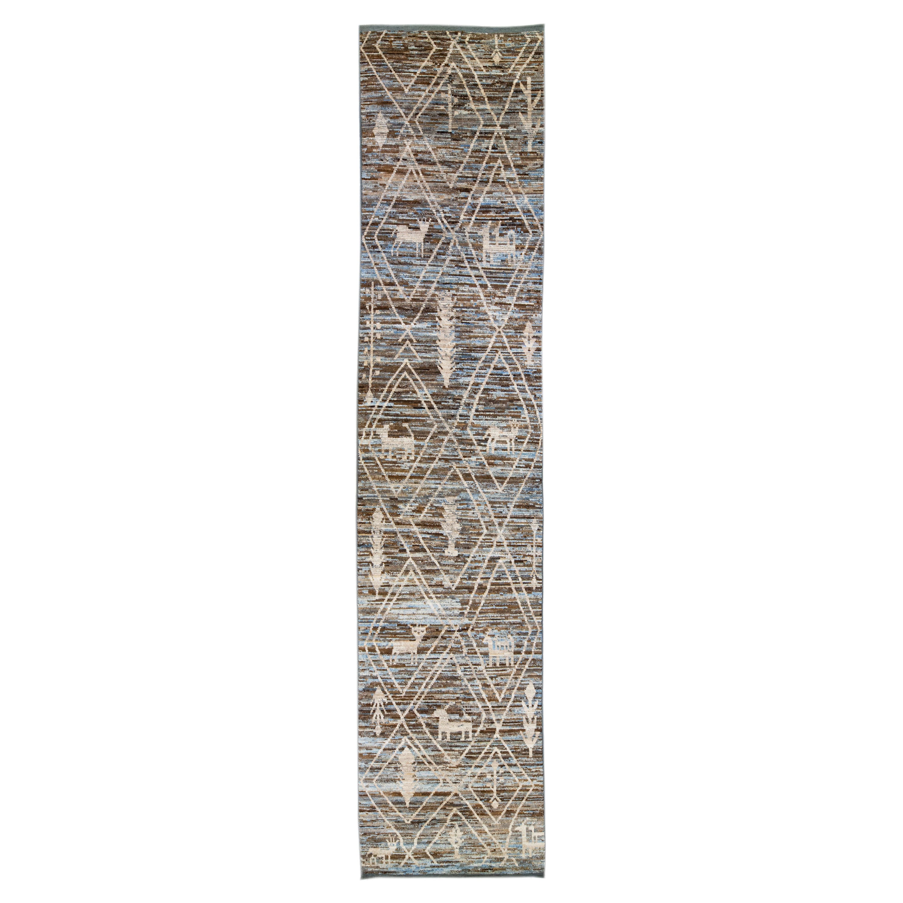Modern Moroccan Style Blue & Brown Handmade Wool Runner with Tribal Motif For Sale