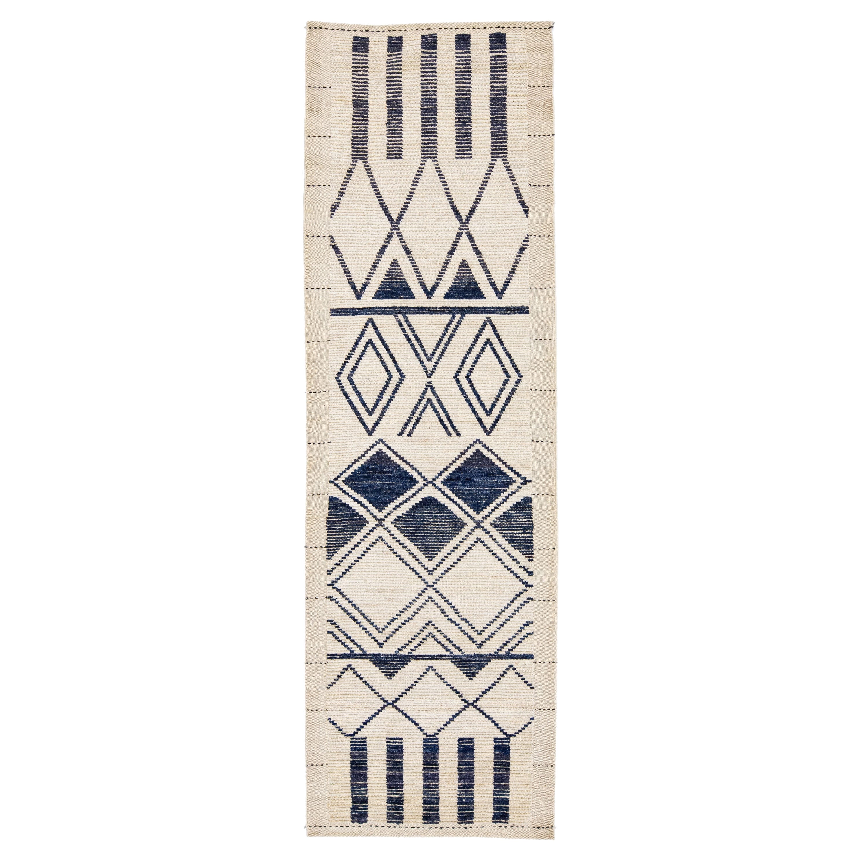 Beige Modern Moroccan Style Handmade Wool Runner with Tribal Motif For Sale