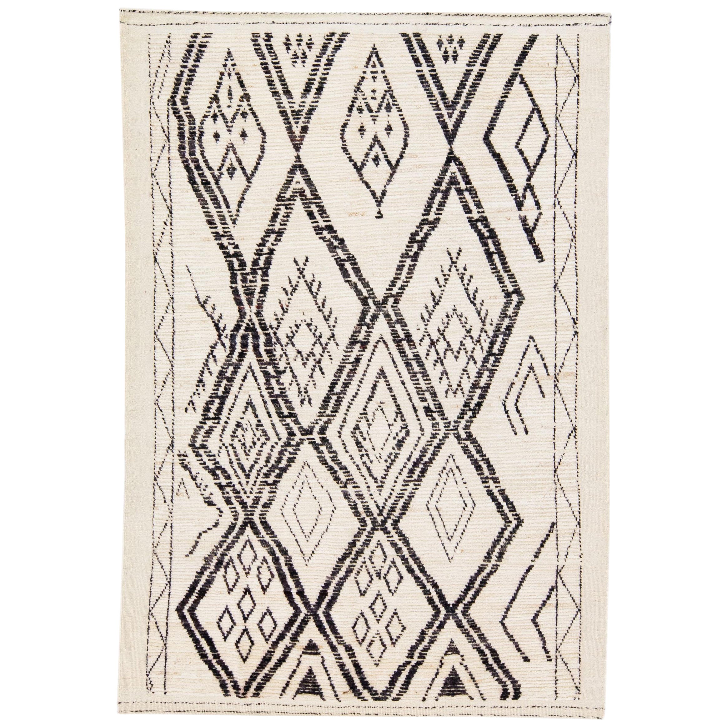 Ivory Modern Moroccan Style Handmade Tribal Pattern Wool Rug For Sale