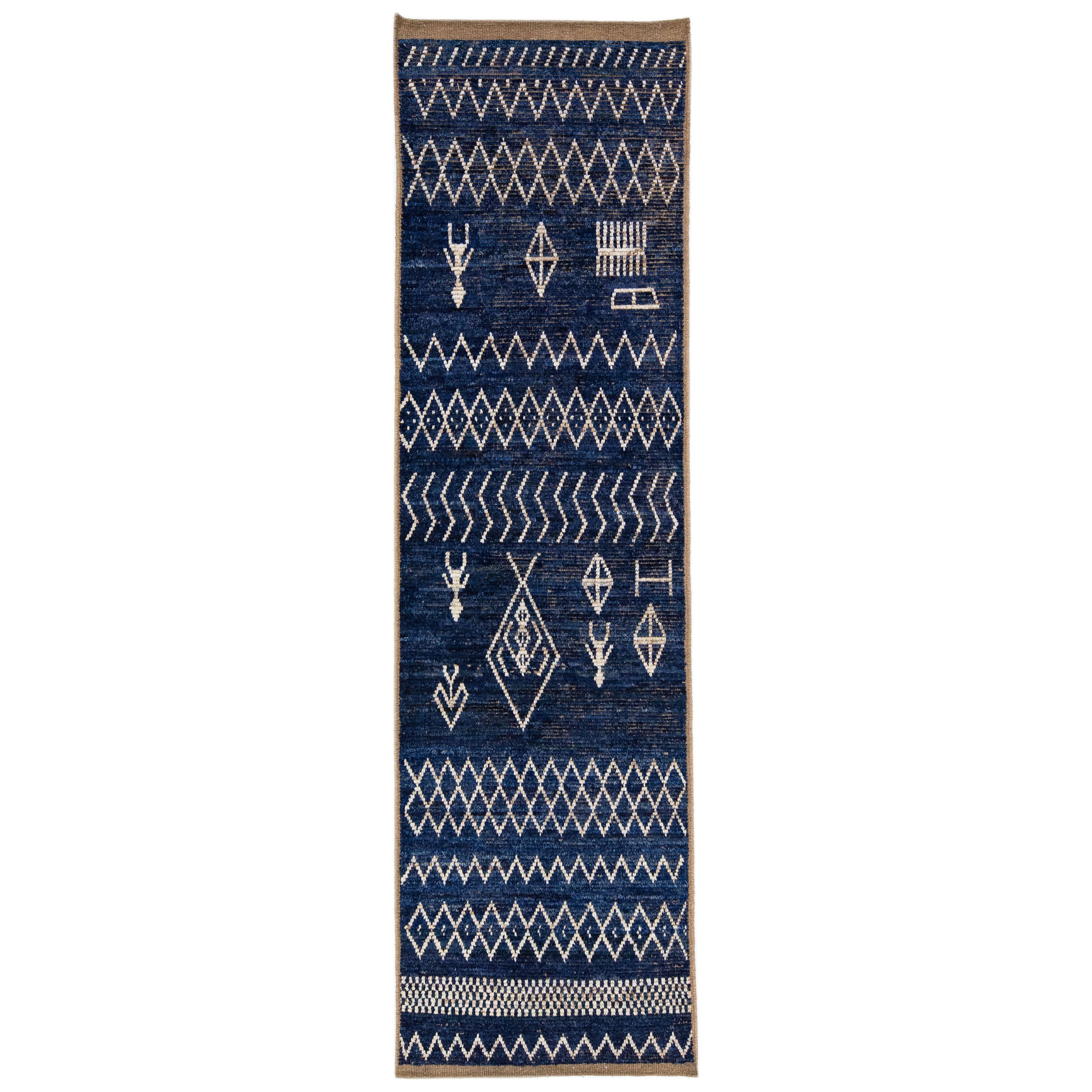 Navy Blue Modern Moroccan Style Handmade Wool Runner with Tribal Design For Sale