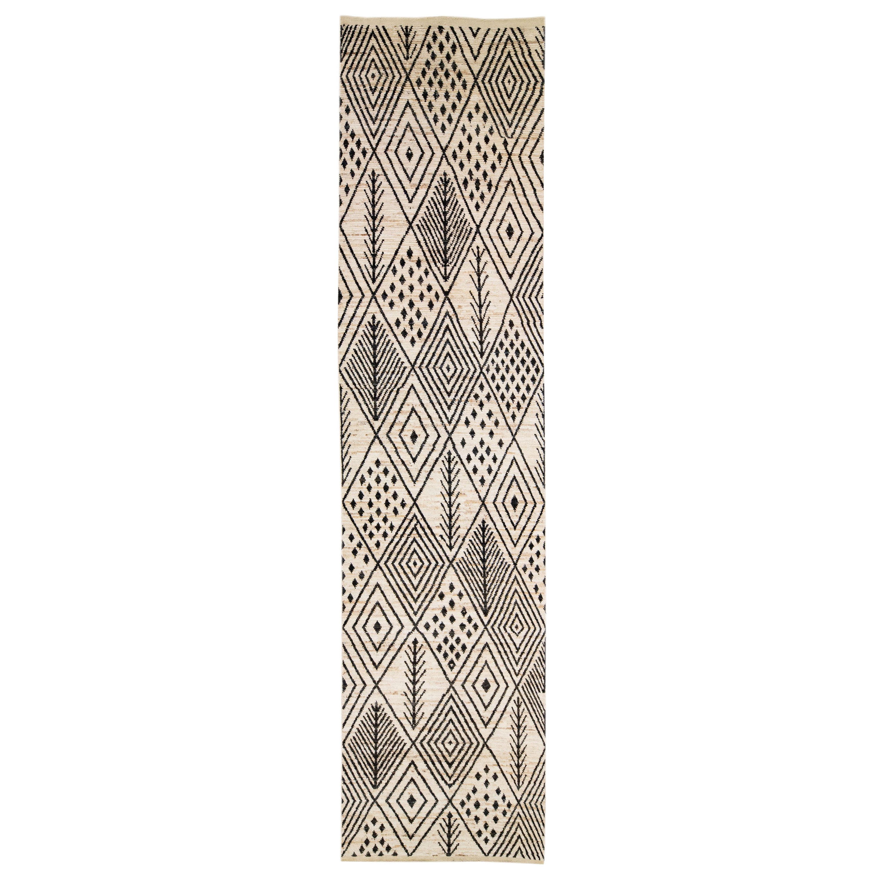 Modern Moroccan Style Handmade Ivory Wool Runner with Tribal Design For Sale