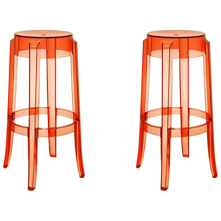 Set of 2 Kartell Charles Ghost Medium Stools in Amber by Philippe