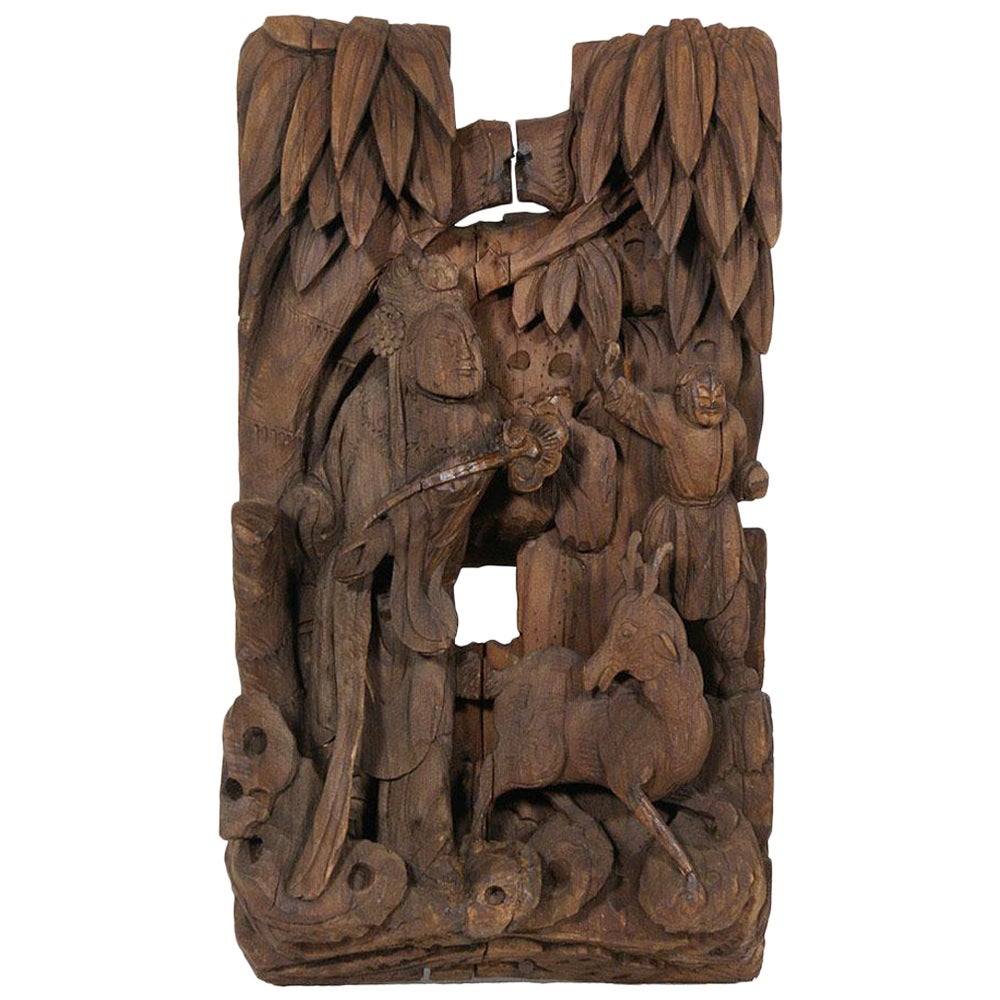 19th Century Antique Chinese 3d Wood Carving Panel For Sale