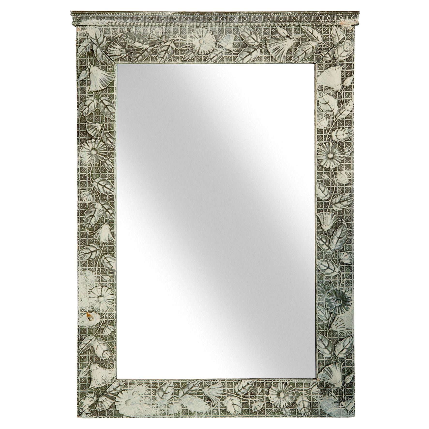 Victorian Rectangle Mirror W Flowers on Grid For Sale