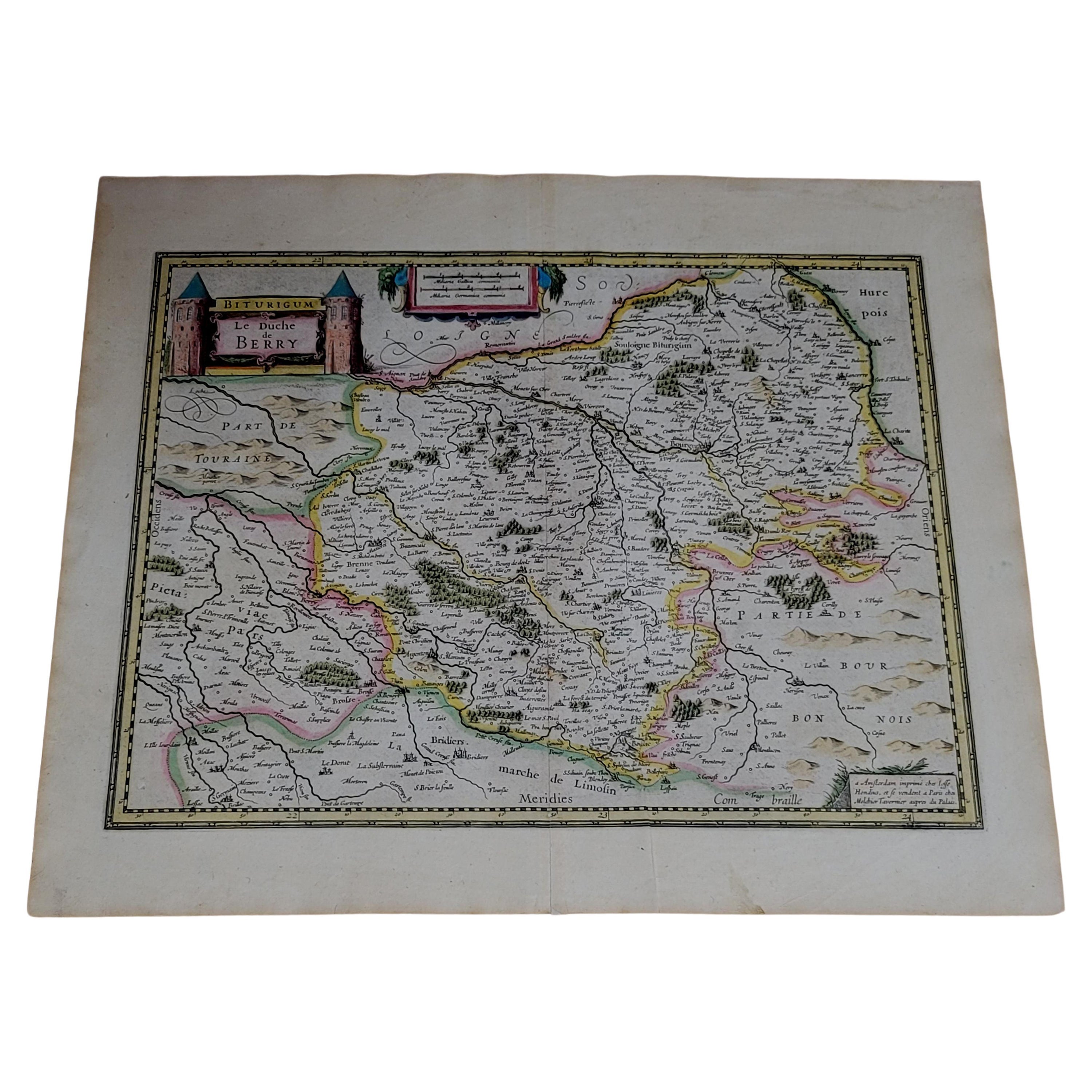 1633 Map, Entitled "La Douche De Berry, " Original Hand Colored Ric.0005 For Sale