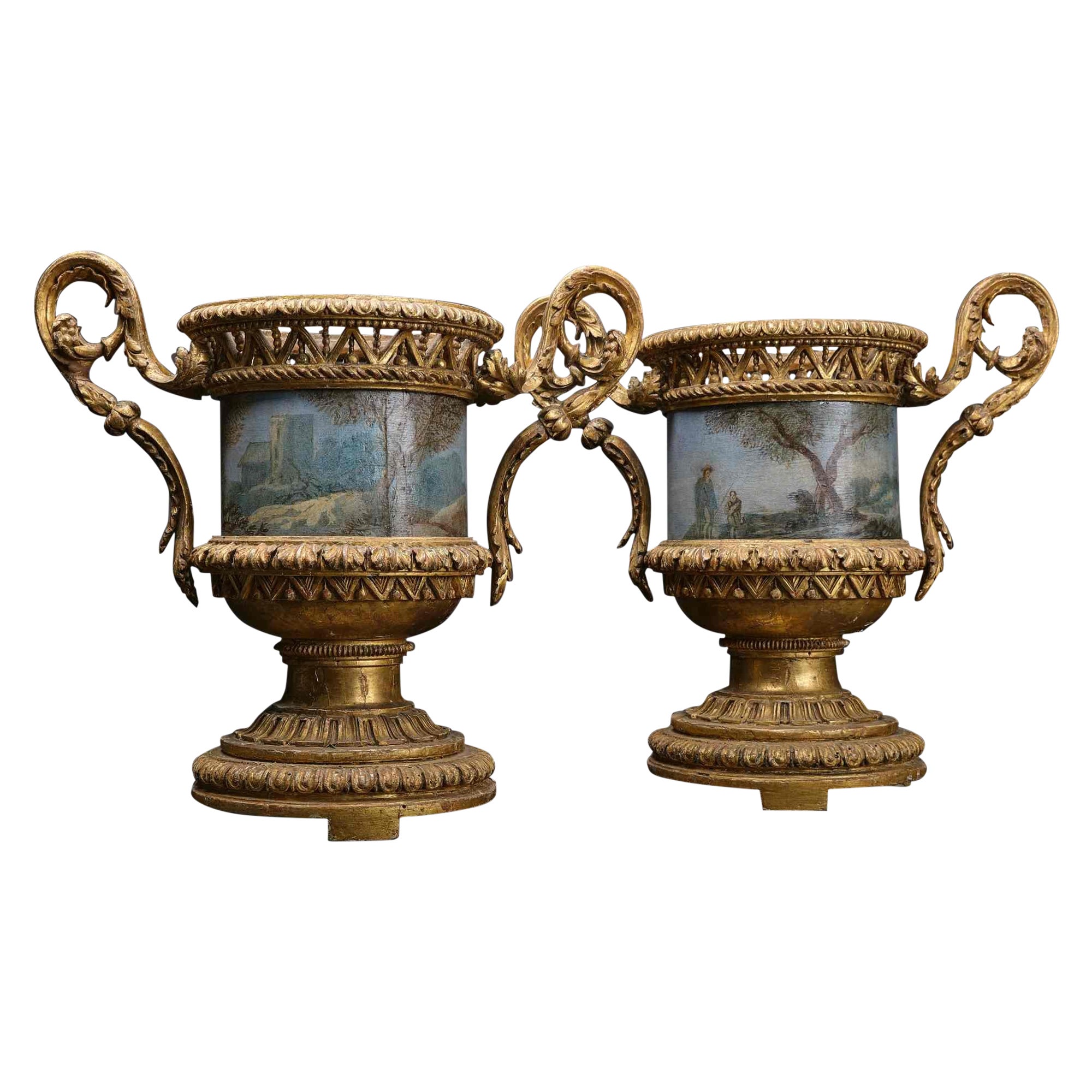 Paire de vases en bois sculptés et dorés très rares avec cache-pot en métal peint en feuille en vente