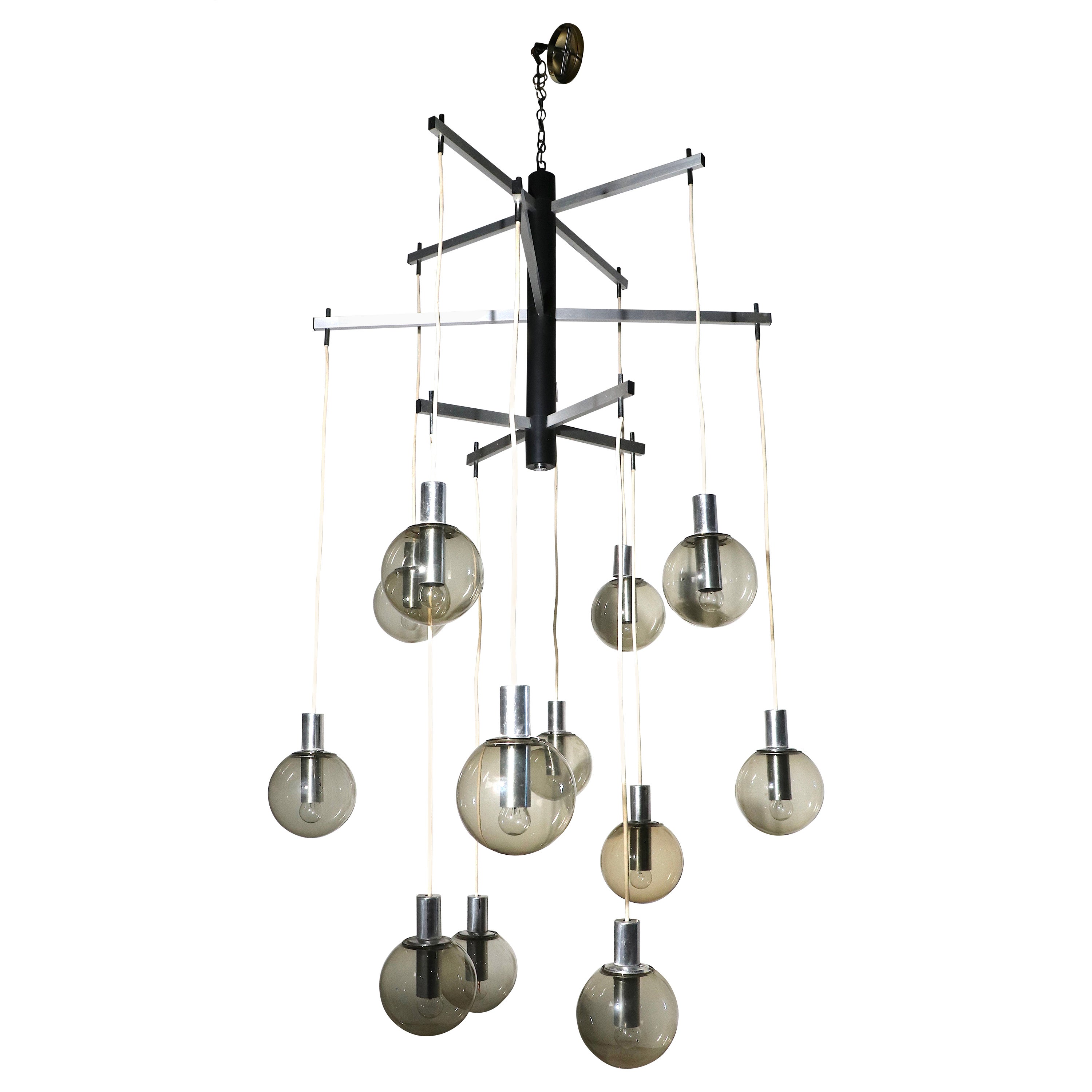 Large Modernist 12 Light Chandelier with Tinted Glass Ball Shades Ca. 1970's For Sale