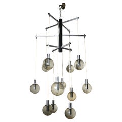 Vintage Large Modernist 12 Light Chandelier with Tinted Glass Ball Shades Ca. 1970's