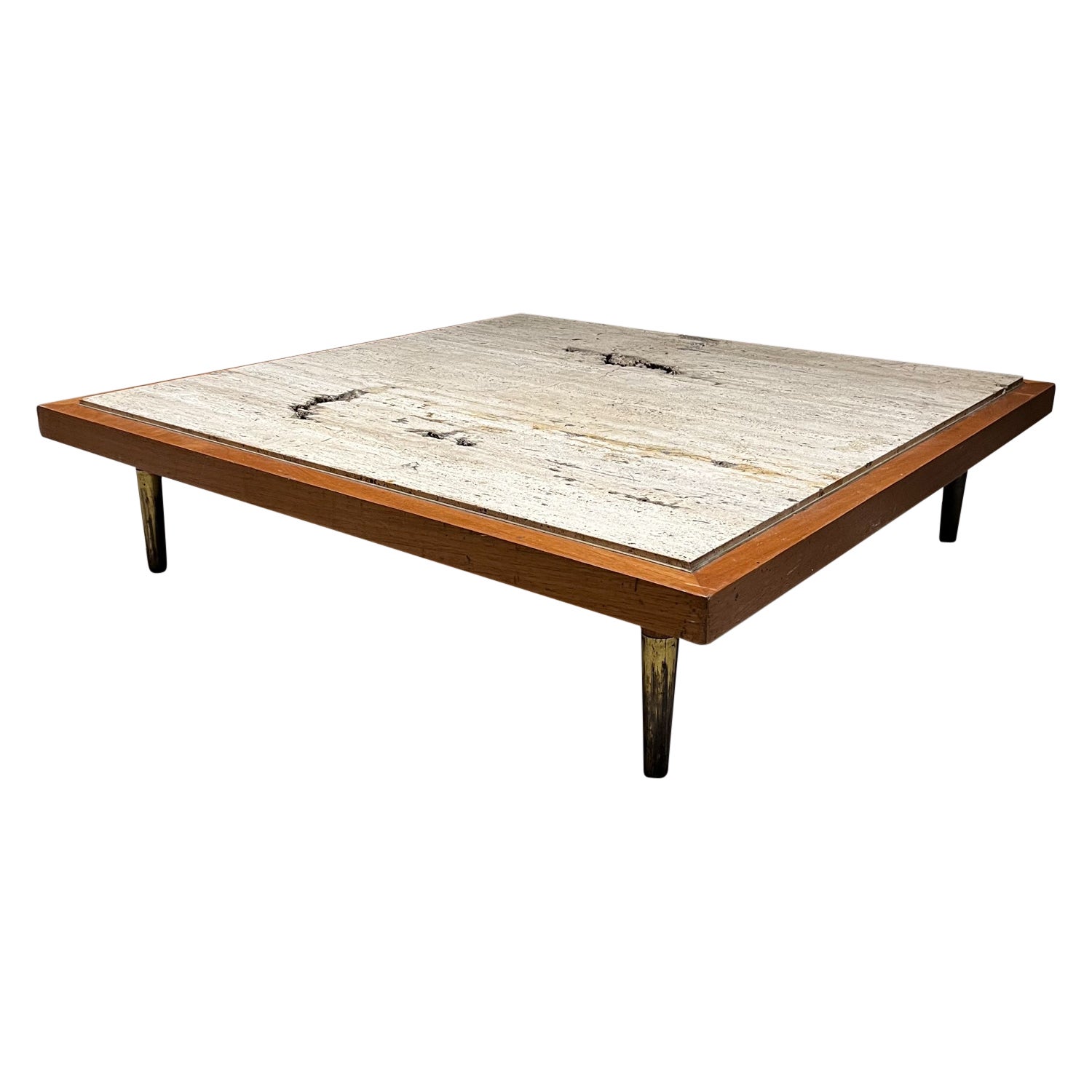 1960s Modern Low Profile Coffee Table Travertine Mahogany Wood & Brass Legs For Sale