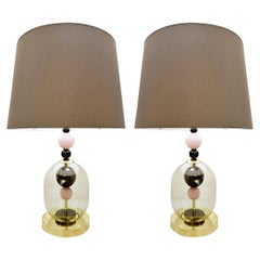 Pair of Italian Table Lamps in Transparent Smoked Pink and Black Glass