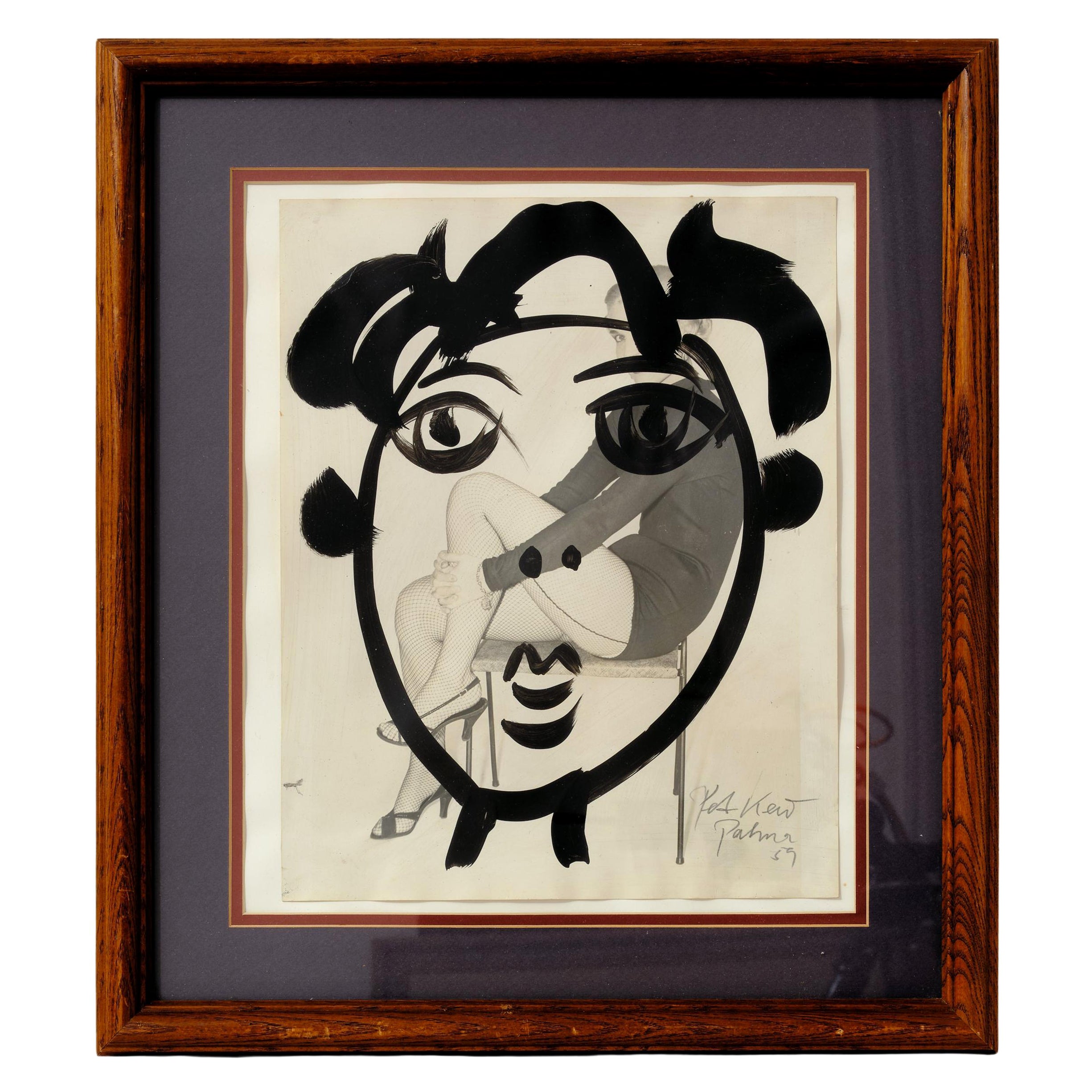 Painting by Peter Keil, Framed Face with Fashion Lady in the Back Ground, C 1959 For Sale