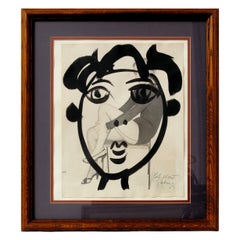 Painting by Peter Keil, C 1959, Framed Face with Fashion Lady in the Back Ground
