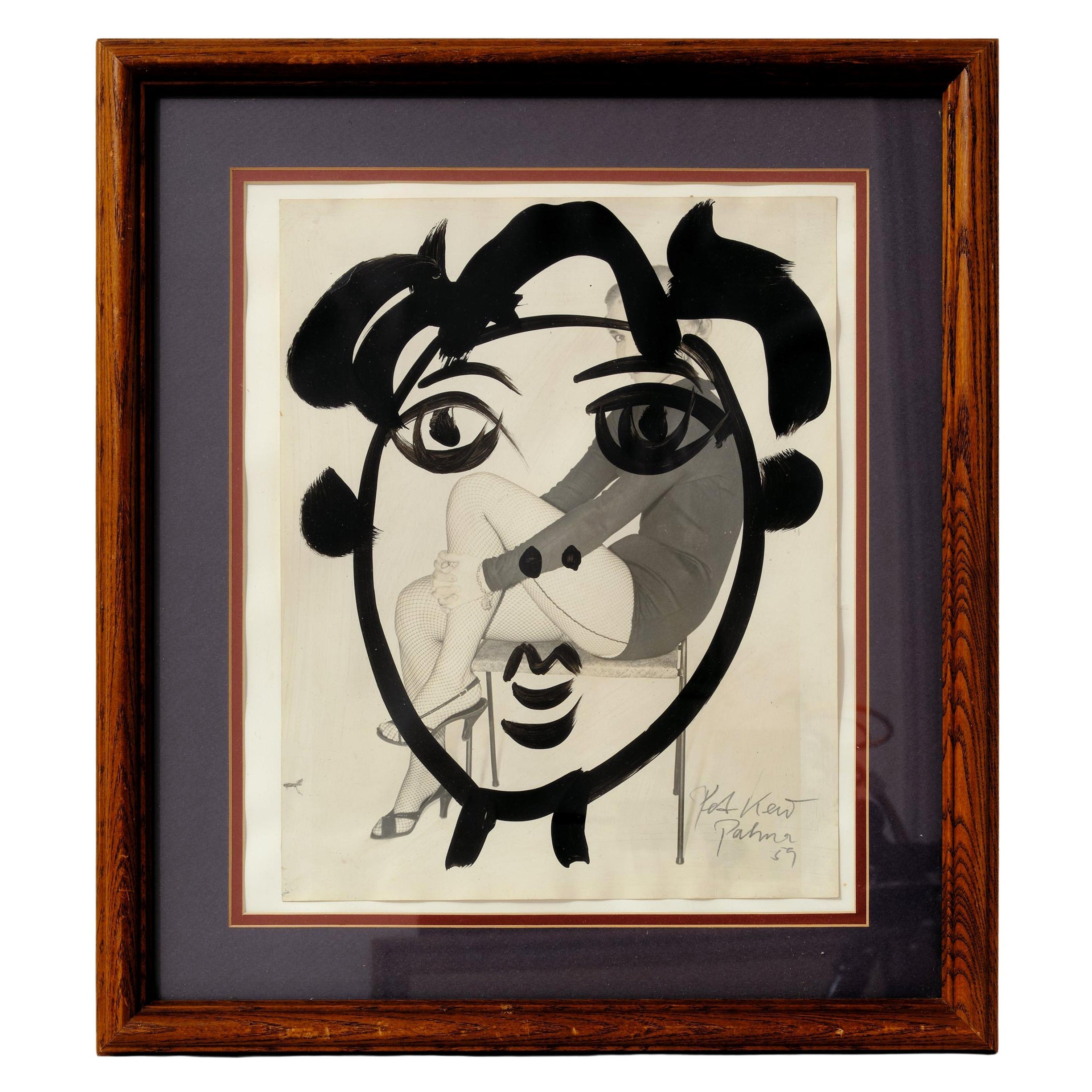 Painting by Peter Keil, Framed Face with Fashion Lady in the Back Ground, C 1959