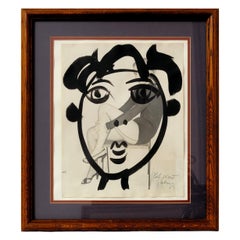 Painting by Peter Keil, Framed Face with Fashion Lady in the Back Ground, C 1959