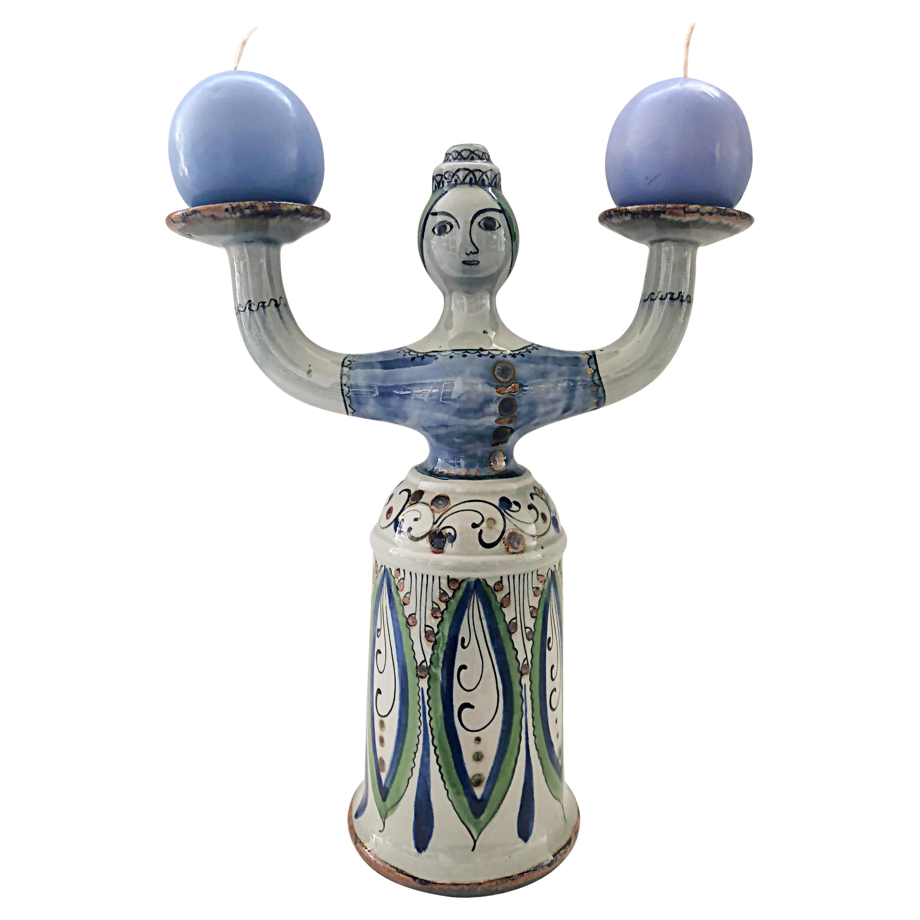 Mexican Hand-Painted Tonala Pottery 2-Arm Candelabra, Signed