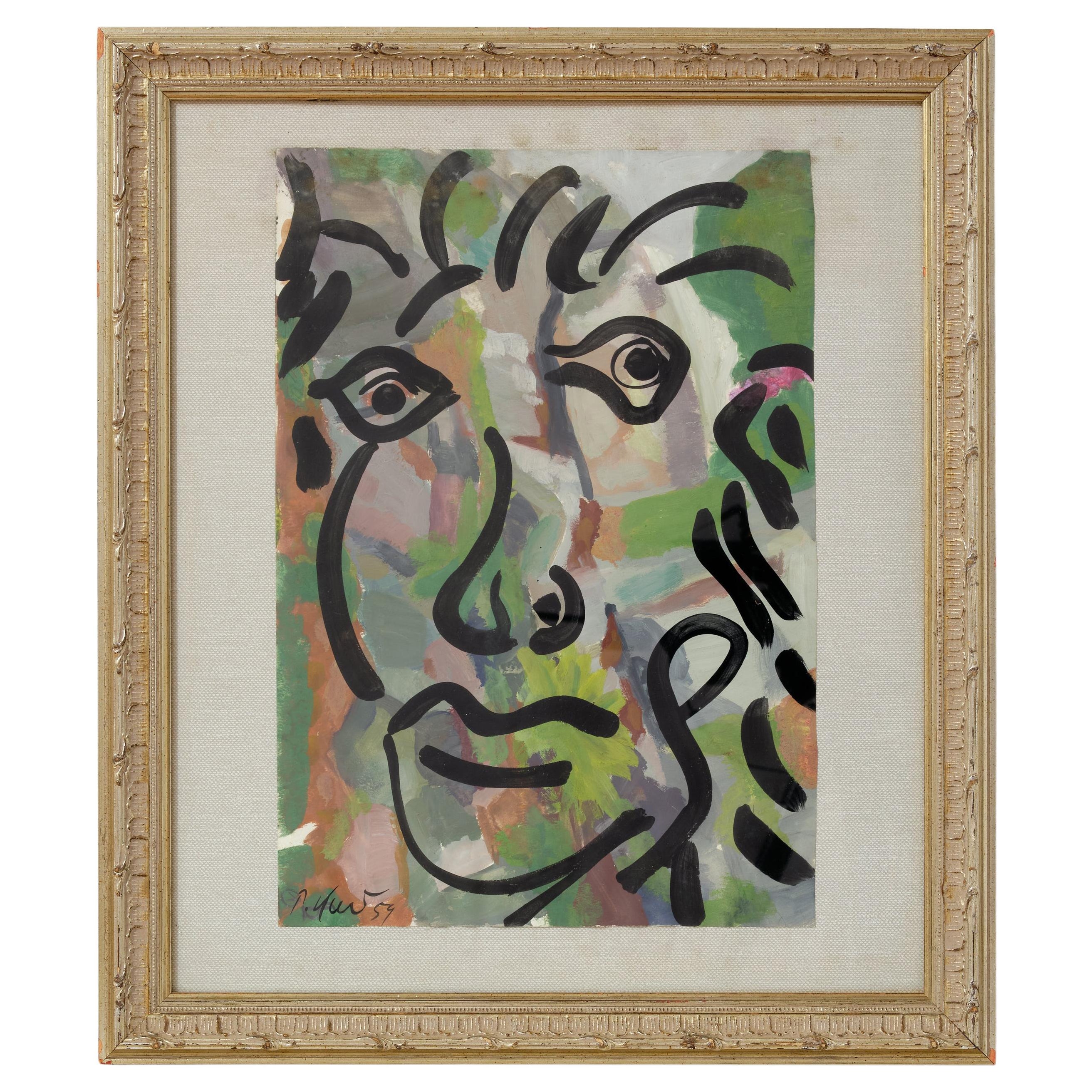 Painting by Peter Keil, C 1959, The Lion Face", Framed, Acrylic on Paper, C 1959