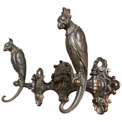 Antique Bronzed Iron Wall Key or Coat Rack with Movable Parrot Sculpture Hooks
