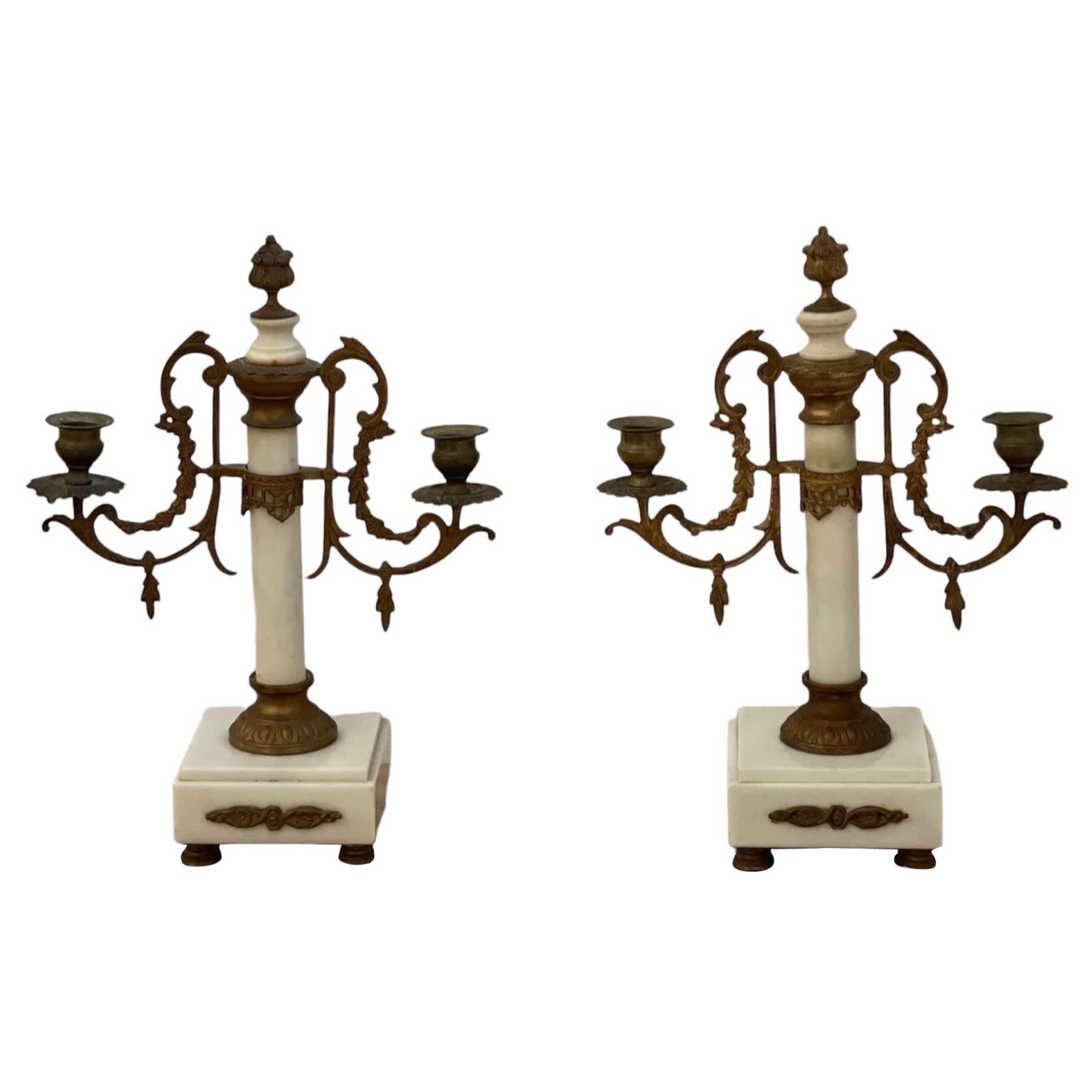 Pair of Louis XVI 19th Century Gilt-Bronze and Gilt-Metal and Marble Candelabra For Sale