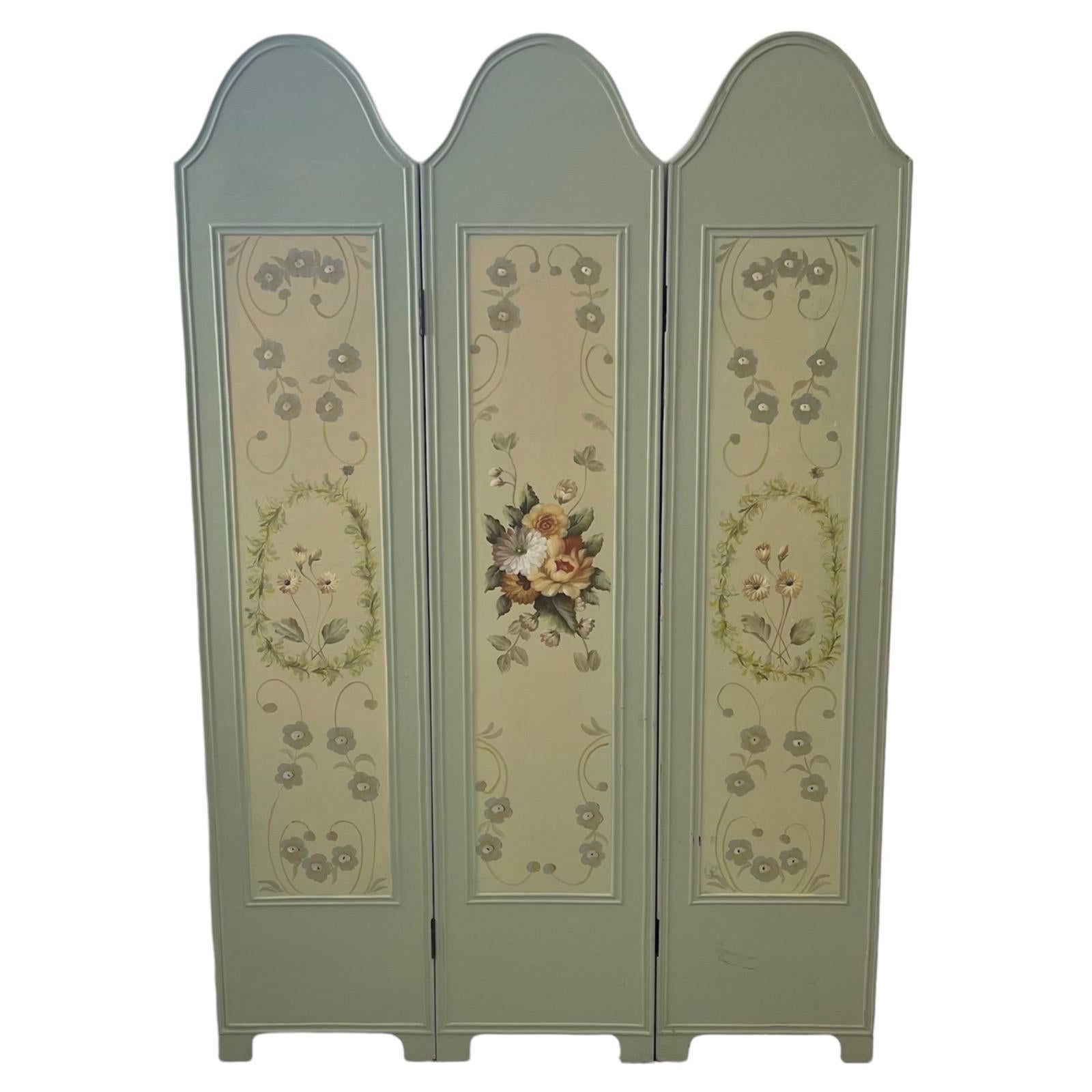 Vintage Hand Painted Three Panel French Wood Room Divider or Partition Screen For Sale