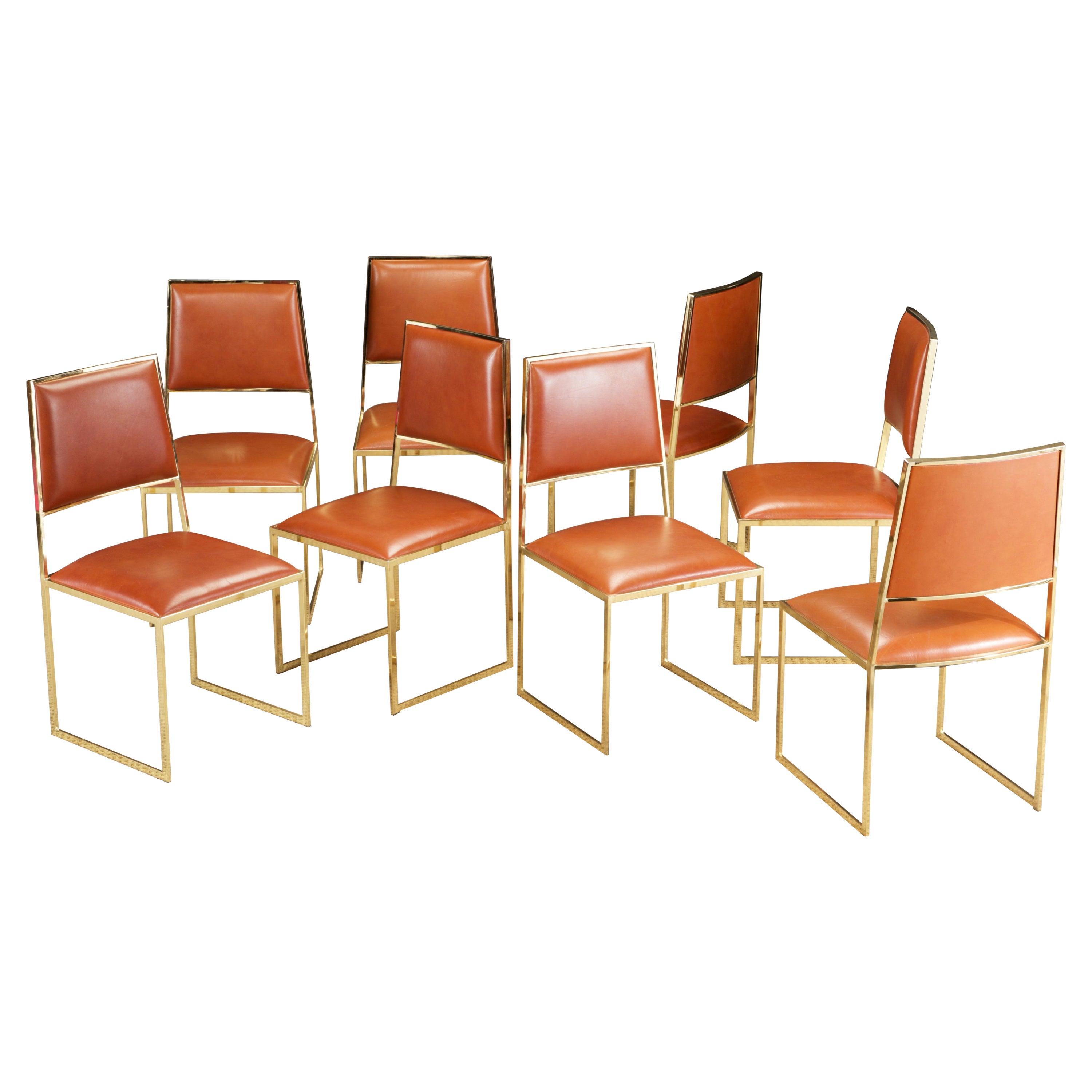 Willy Rizzo for Cidue Dining Chairs in Brass and Cognac Leather, c 1970, Signed
