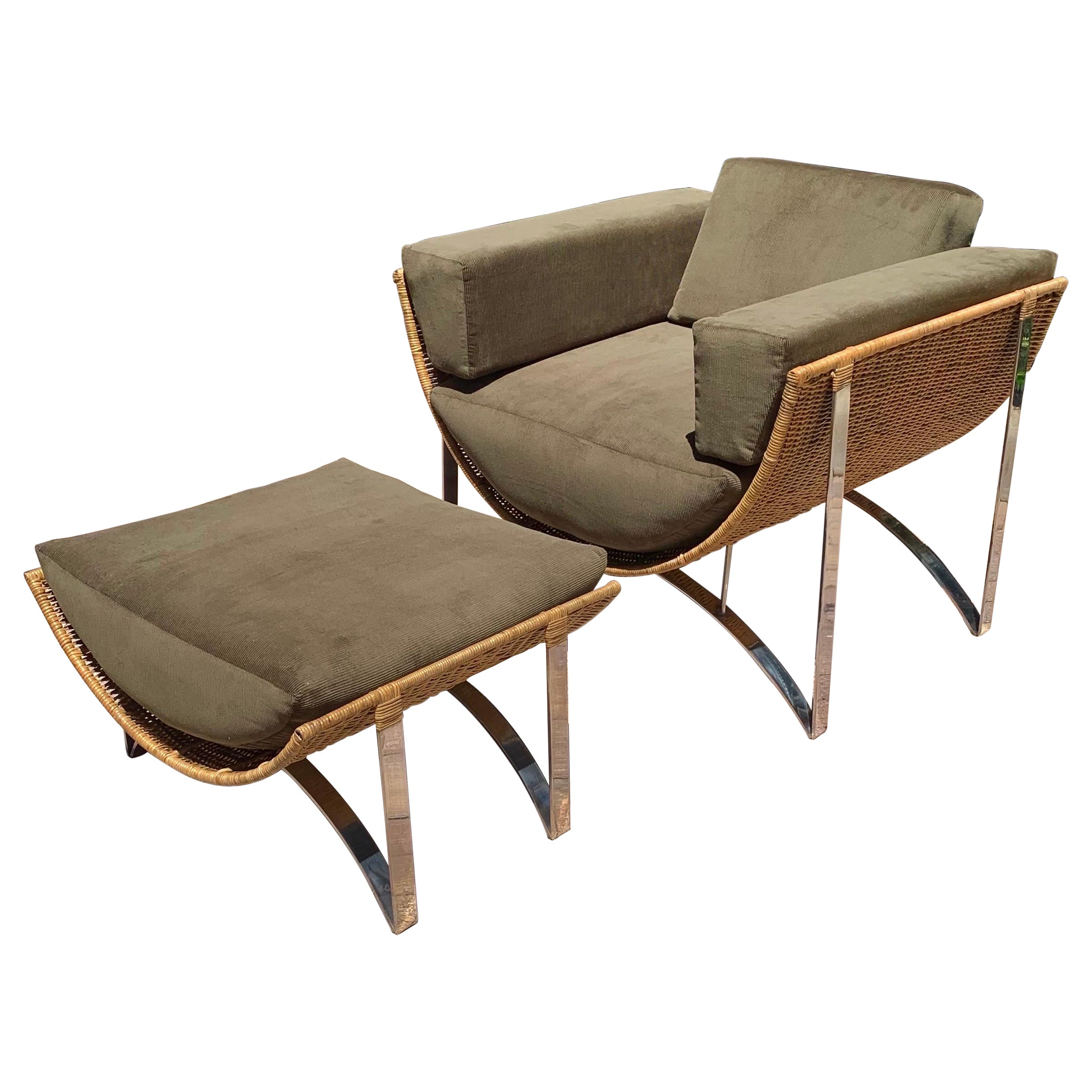 Mid-Century Modern Cane and Chrome Lounge Chair and Ottoman For Sale